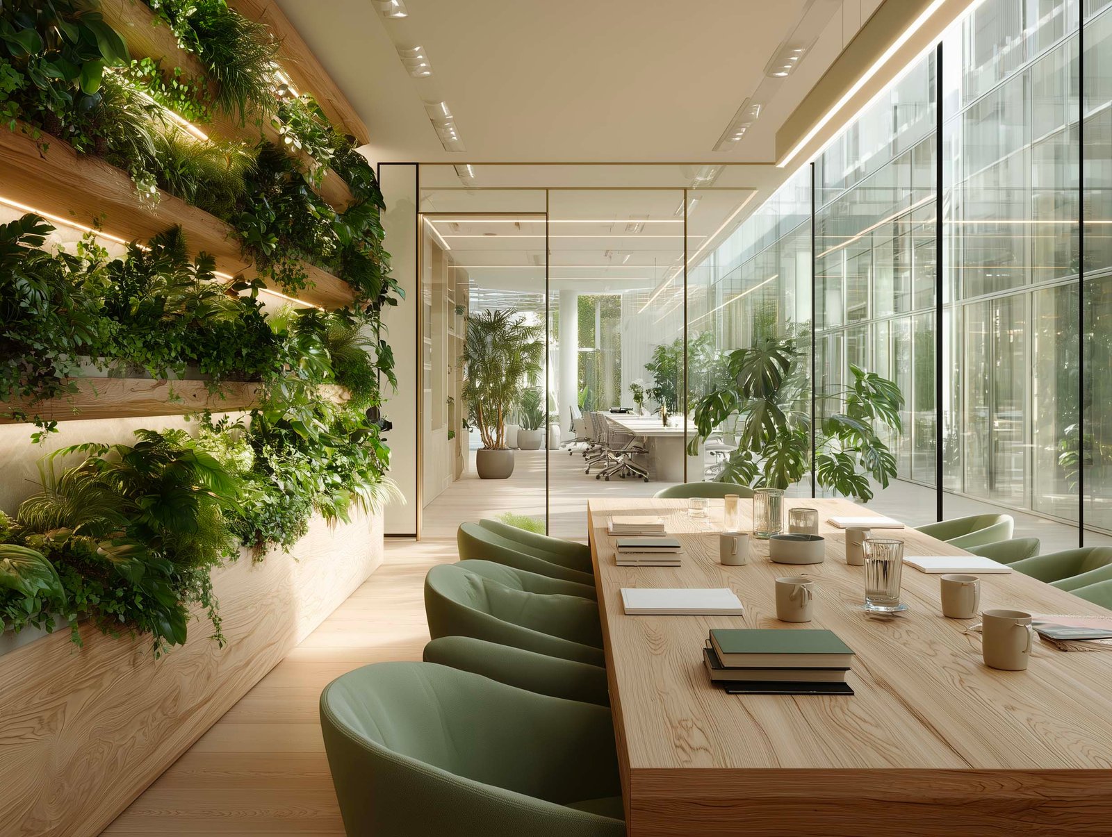 Sala riunioni biofilica con partizione botanica modulare in noyer fumé e Acciaio Brunito, Hedera e Rosmarinus come filtro visivo verso l'ufficio aperto, Paracelsus Gardens™