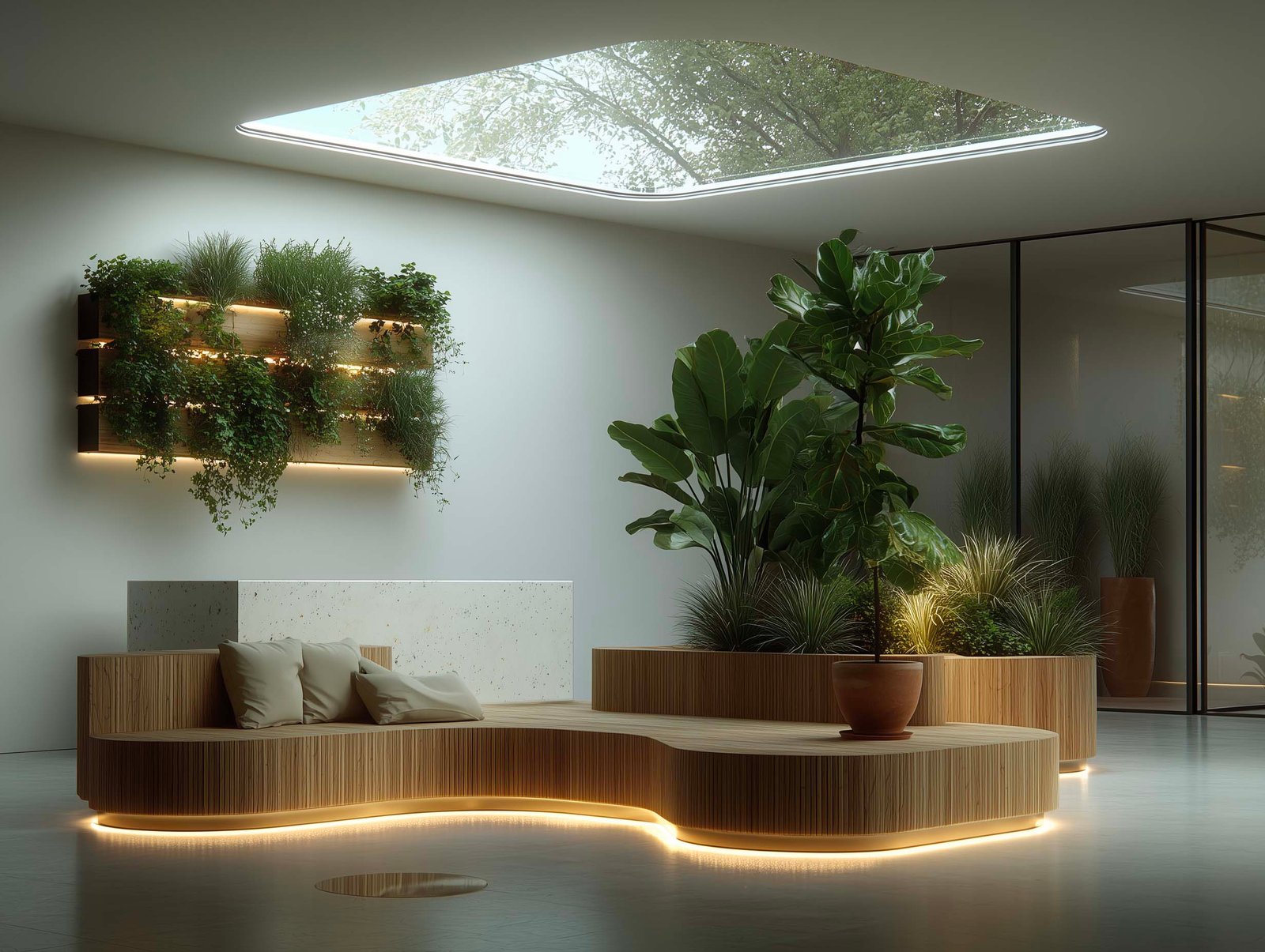 Atrio aziendale con fioriere Lignum monumentali in noyer fumé, Ficus lyrata e composizione verticale botanica su parete in Acciaio Brunito, Paracelsus Gardens™