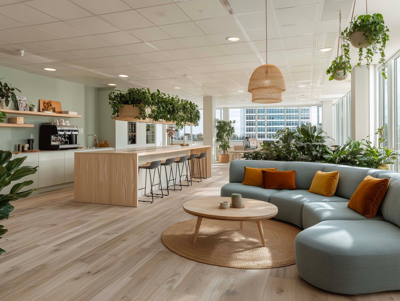 Spazio comune rigenerativo con partizioni botaniche basse, fioriere Lignum con aromatiche e tavolo condiviso — campus aziendale italiano, Paracelsus Gardens™