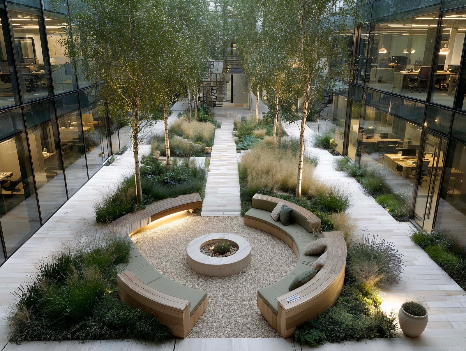 Giardino interno di edificio per uffici con fioriere Lignum, olivier in noyer fumé su base Pietra Serena, percorso in travertino e graminacee strutturanti, Paracelsus Gardens™