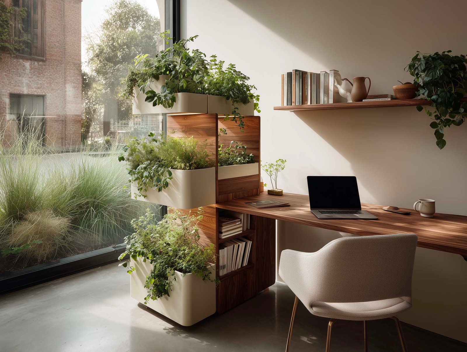 Modulo botanico individuale in noyer fumé con Rosmarinus e Hedera — unità compatta su ruote per postazione di lavoro, Paracelsus Gardens™