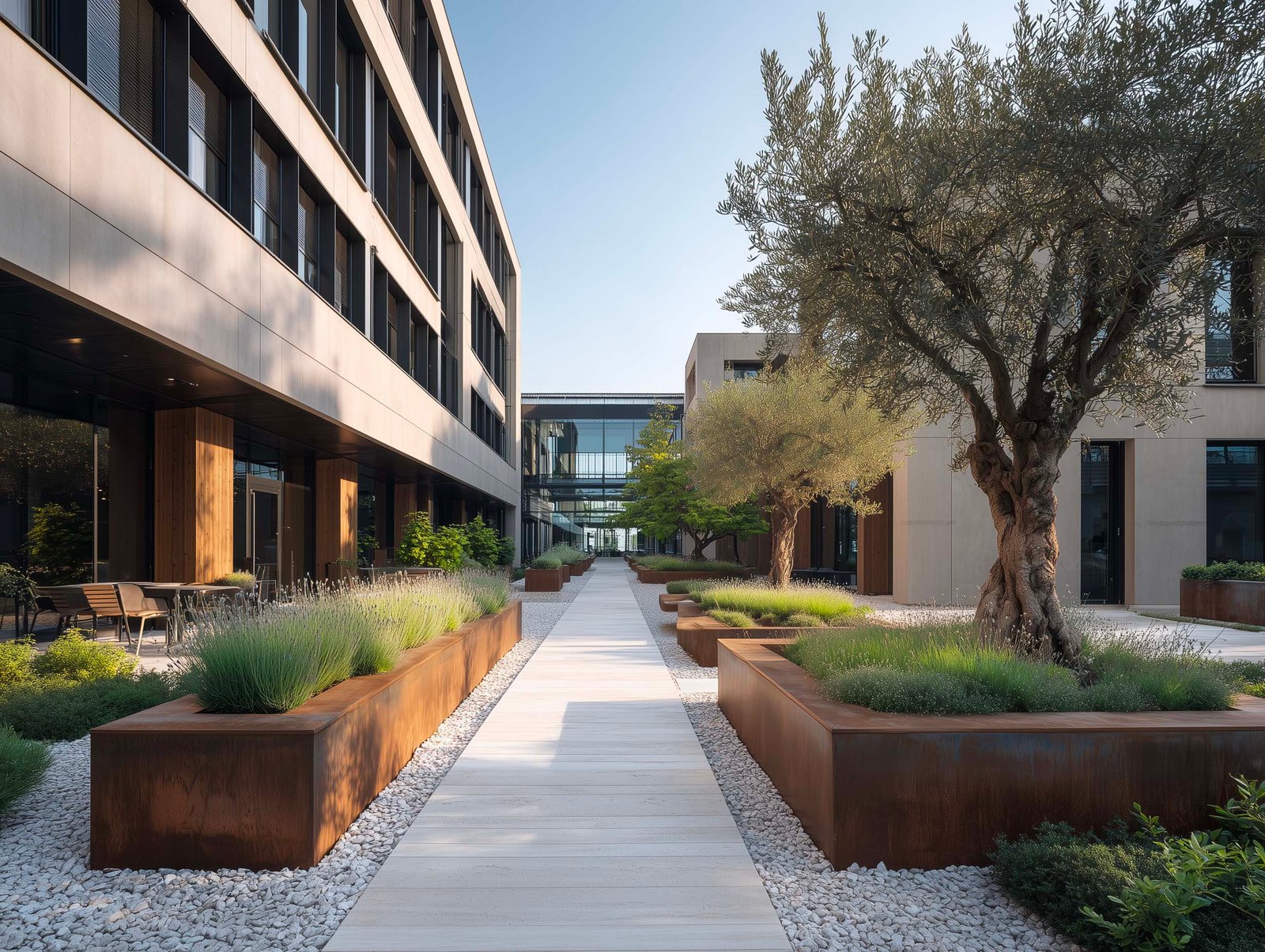 Campus aziendale con linguaggio botanico coerente — fioriere Lignum in noyer e Pietra Serena, siepe di Rosmarinus e partizioni visibili in entrambi gli edifici, Paracelsus Gardens™