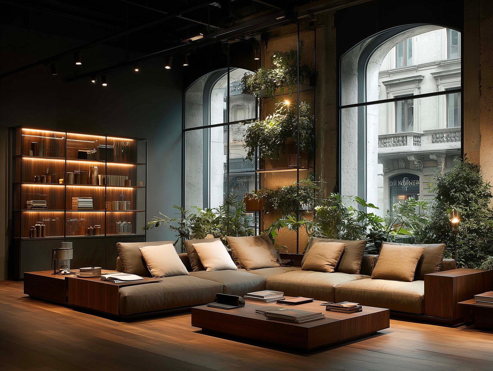 Lounge collaborativo con partizione botanica in noyer e Acciaio Brunito, divano a L, Hedera e felci — spazio di lavoro creativo, Paracelsus Gardens™