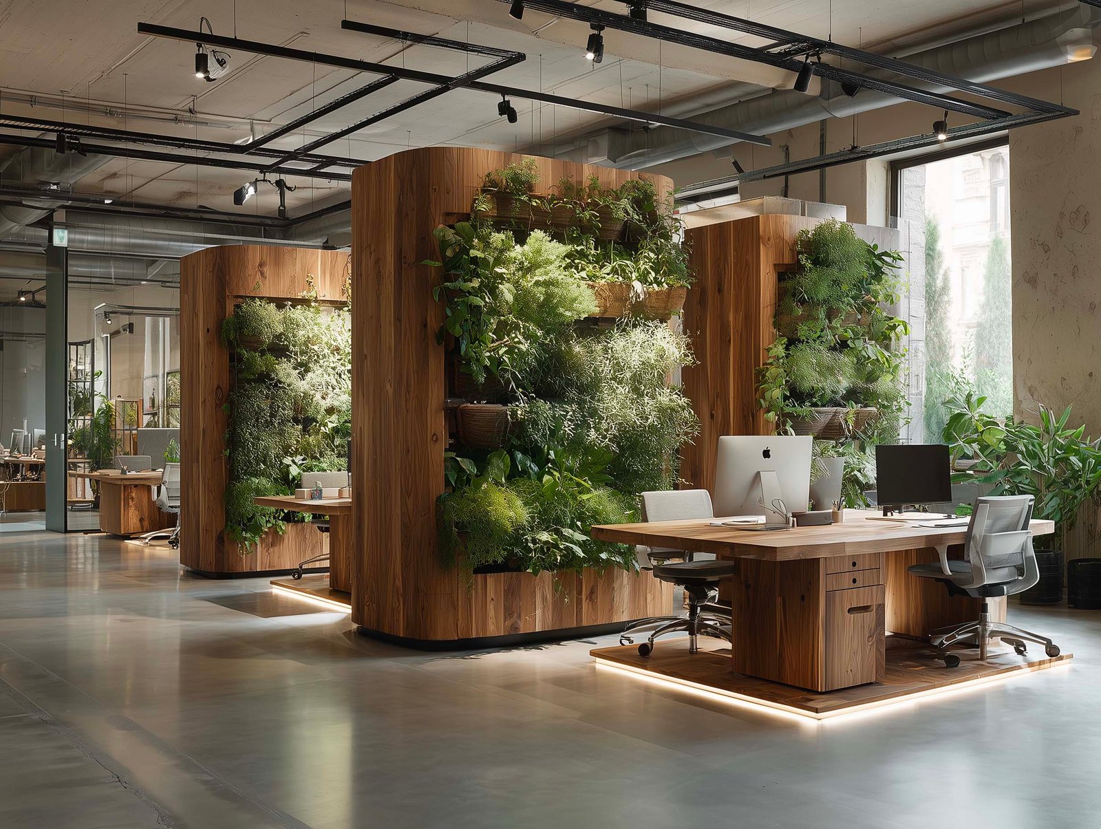 Spazio ibrido adattabile con moduli botanici su ruote in noyer fumé — Hedera, Rosmarinus e lavagna integrata, flessibilità quotidiana, Paracelsus Gardens™