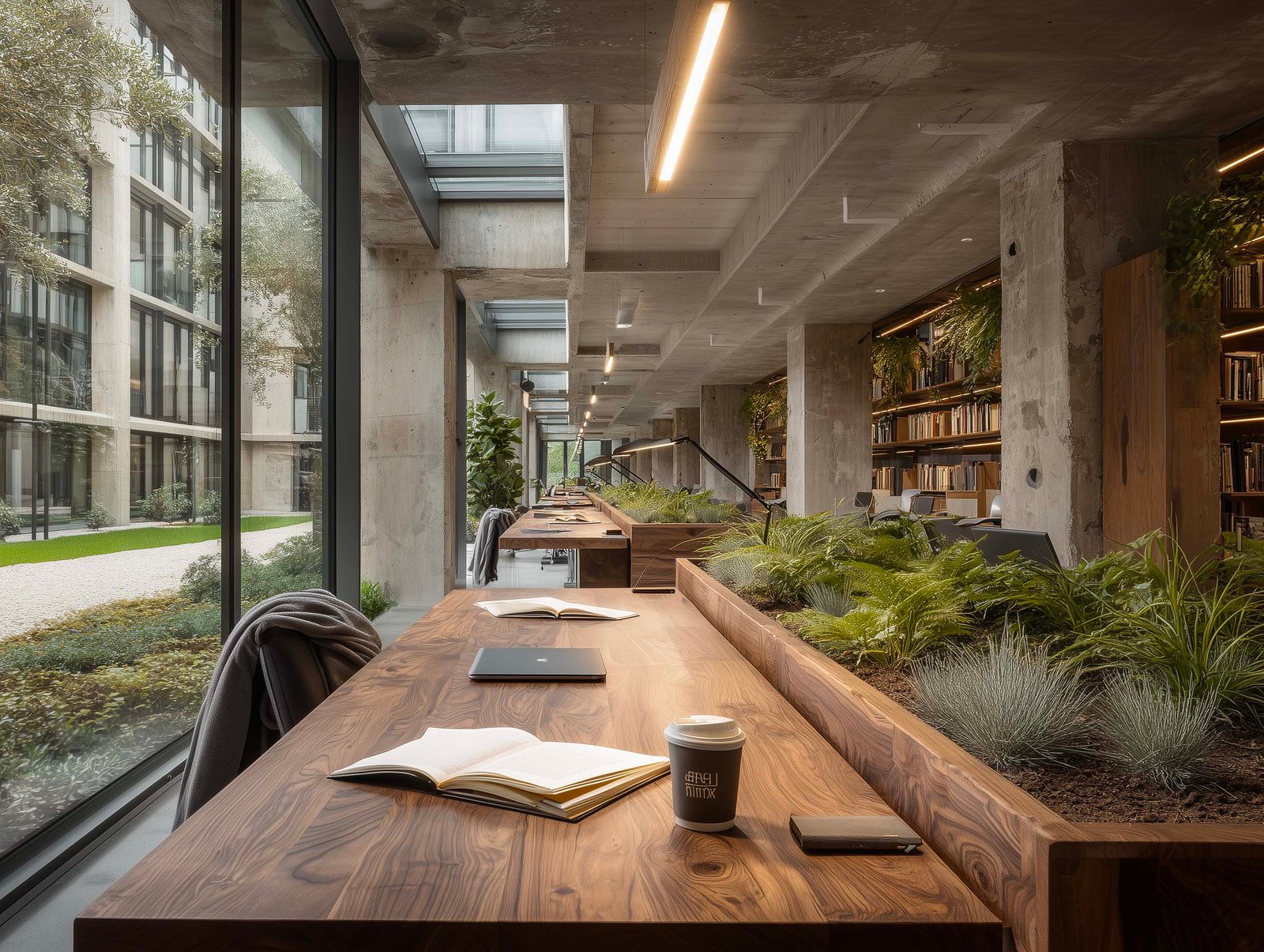 Campus universitario con fioriera Lignum centrale, mensole in noyer con piante e libri, vista su giardino con olivier — Bocconi o Politecnico, Paracelsus Gardens™