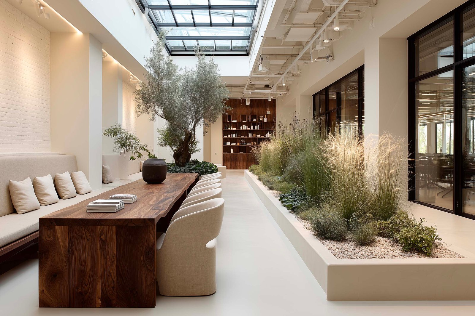 Spazio comune rigenerativo con tavolo condiviso, fioriera Lignum con graminacee e Hedera, partizione botanica e luce zenitale — campus aziendale italiano, Paracelsus Gardens™