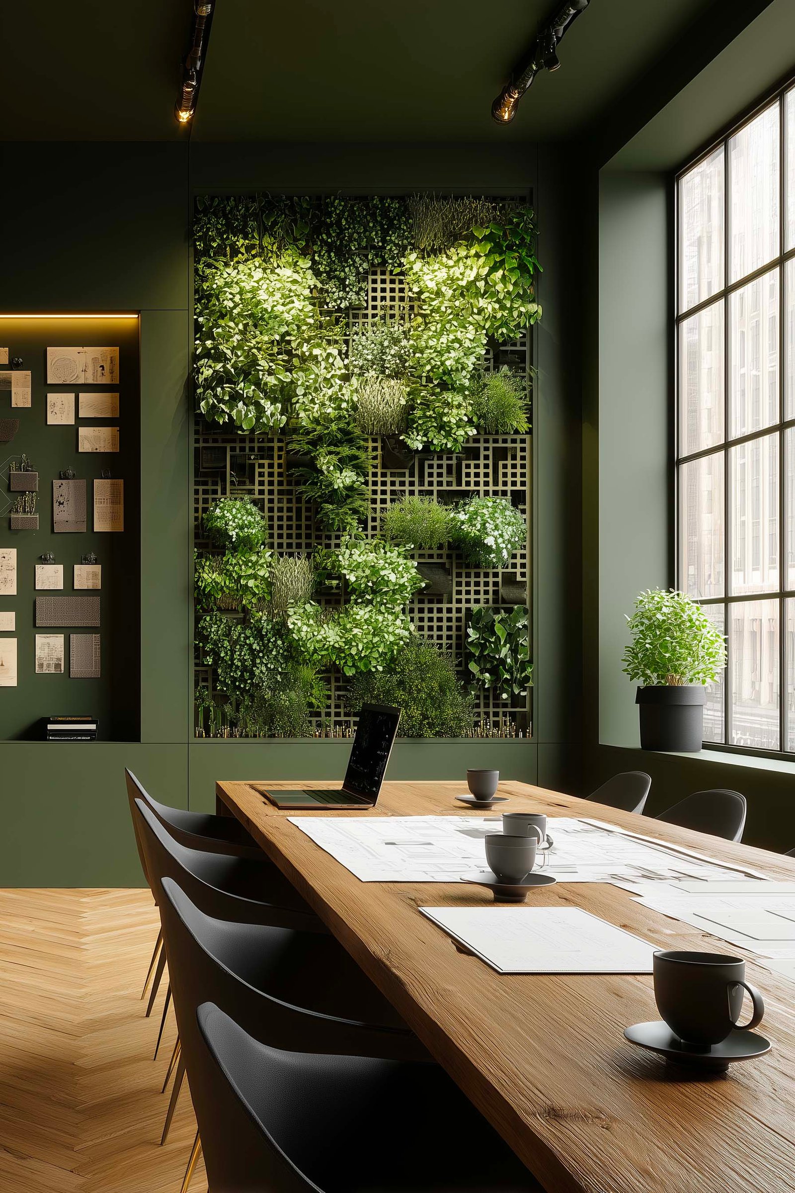 Sala riunioni di studio di architettura con piani progettuali, campioni di materiali, fioriera Lignum con Rosmarinus e partizione botanica — collaborazione di progettazione, Paracelsus Gardens™