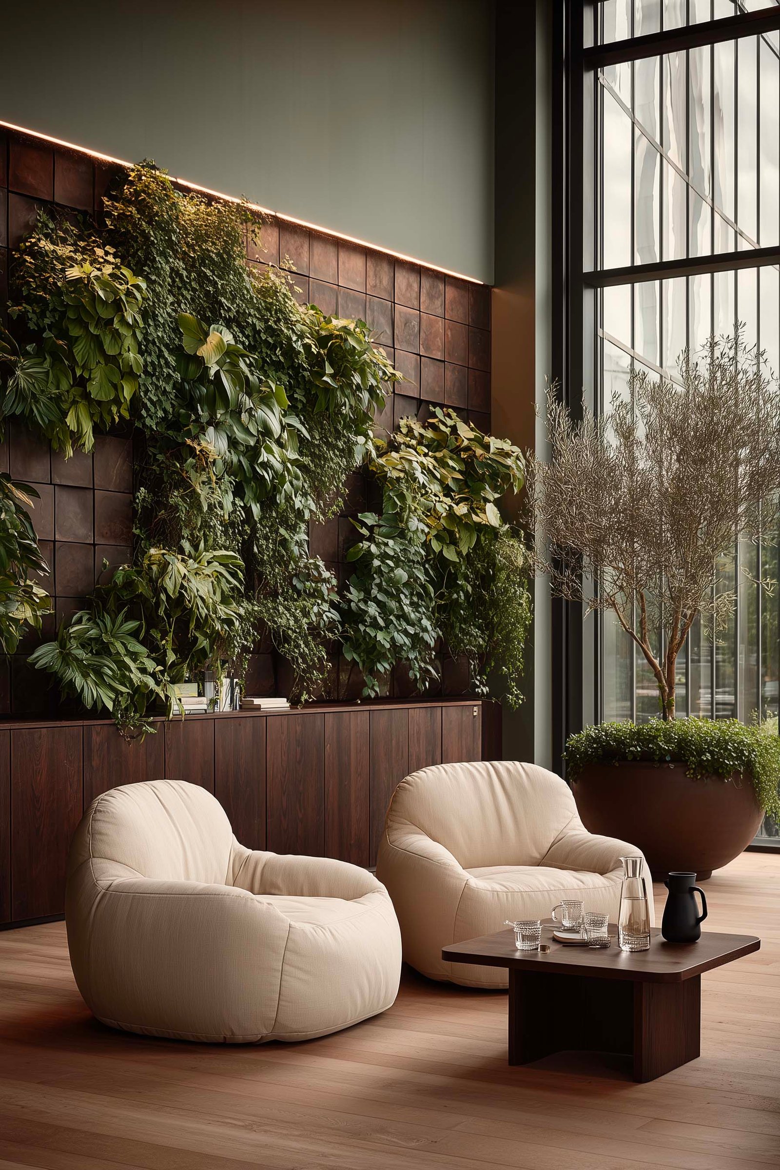 Postazione di lavoro individuale con fioriera Lignum in noyer fumé e Rosmarinus vivente, mensola con felce e LED integrata — concentrazione e architettura botanica, Paracelsus Gardens™