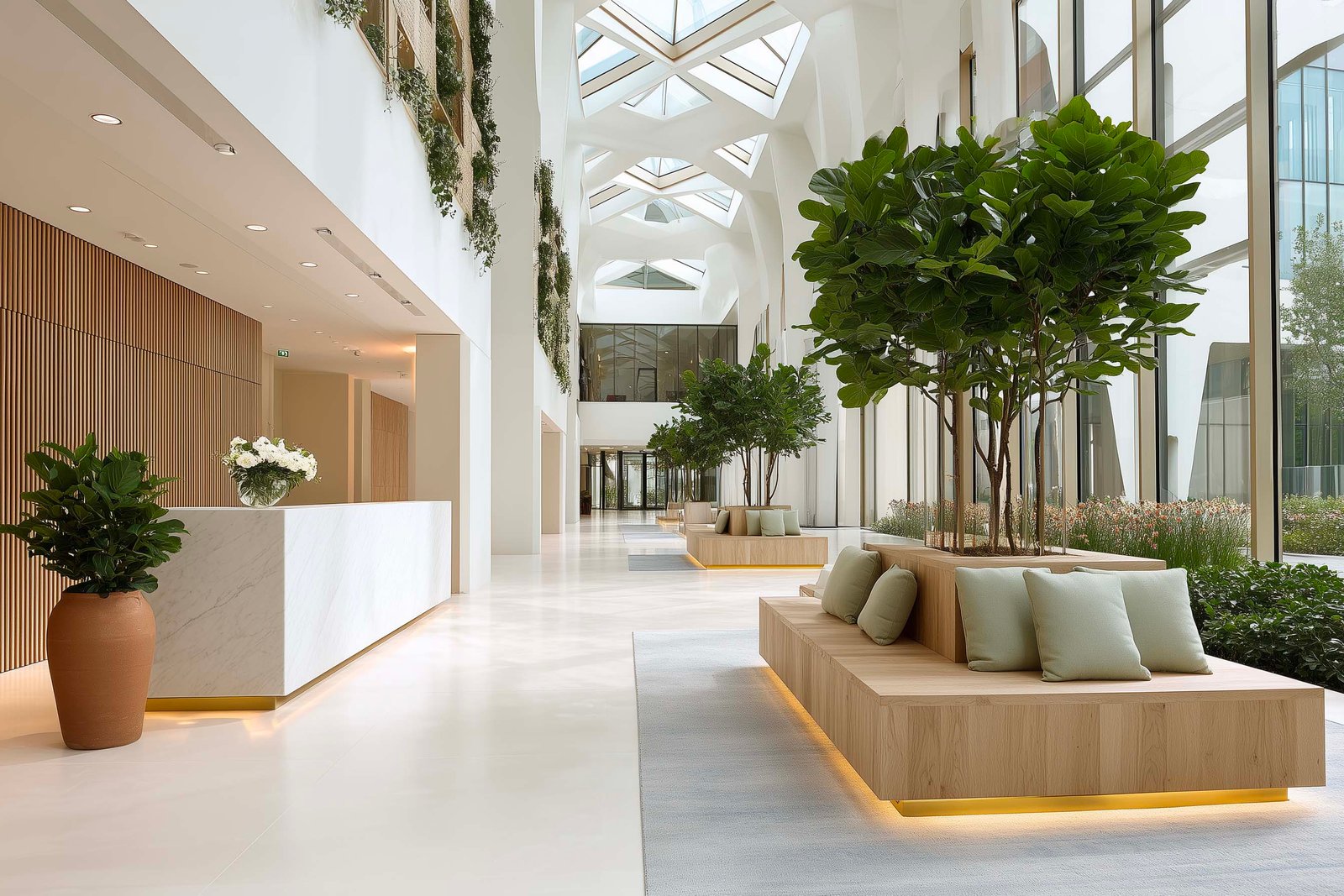 Atrio aziendale con fioriere Lignum monumentali, partizione botanica a tutta altezza in noyer e Acciaio Brunito, cortile con olivier — sede corporate italiana, Paracelsus Gardens™