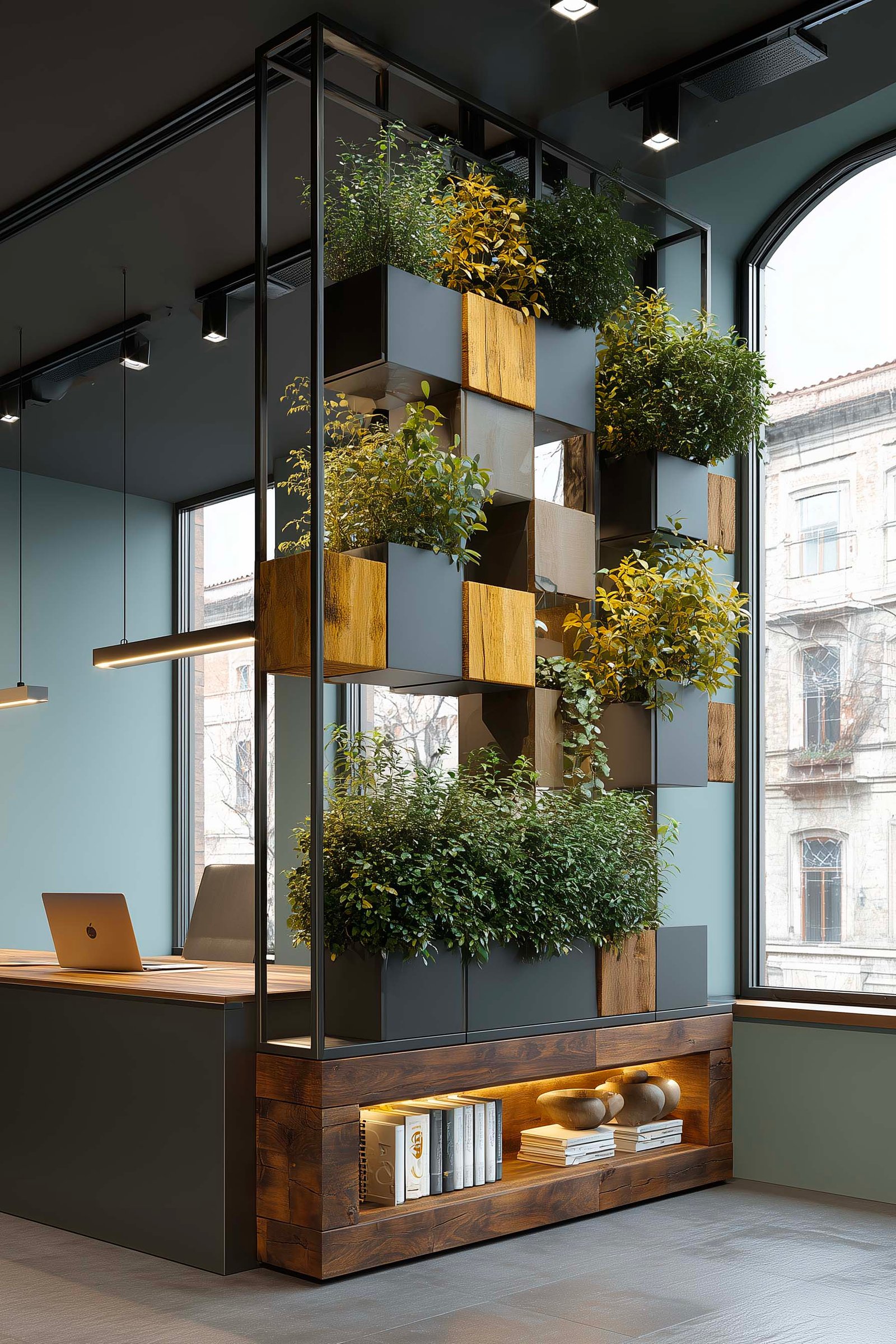 Dettaglio partizione botanica modulare in noyer fumé e Acciaio Brunito — Rosmarinus, Hedera e felci integrati su tre livelli con LED, sistema Paracelsus Gardens™