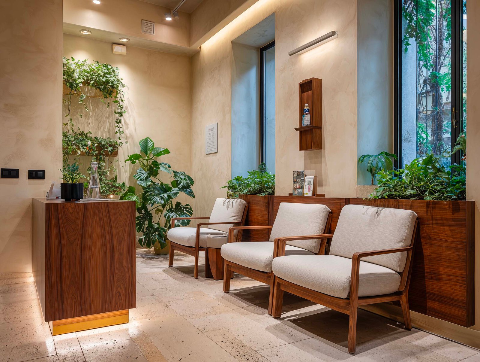 Sala d'attesa di clinica con partizione botanica bassa in noyer fumé, Hedera e Spathiphyllum — ambiente calmo e rassicurante, Paracelsus Gardens™