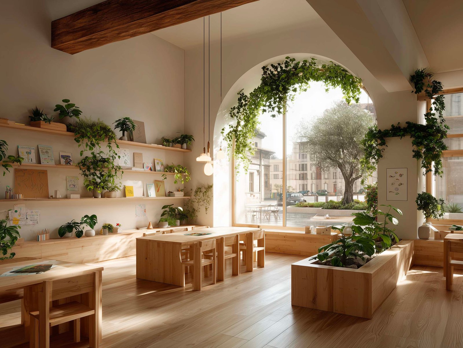 Spazio educativo sensoriale con fioriera Lignum accessibile — Rosmarinus, Mentha e Lavandula a portata di mano, scaffali con piante e materiali, Paracelsus Gardens™