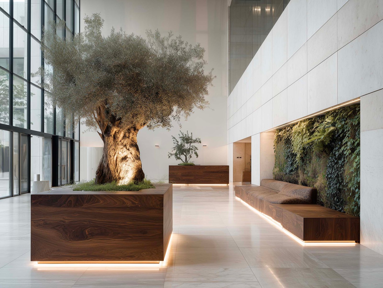 Lobby istituzionale con fioriera Lignum monumentale e Ficus, partizione botanica di orientamento in noyer e Acciaio Brunito — edificio pubblico italiano, Paracelsus Gardens™