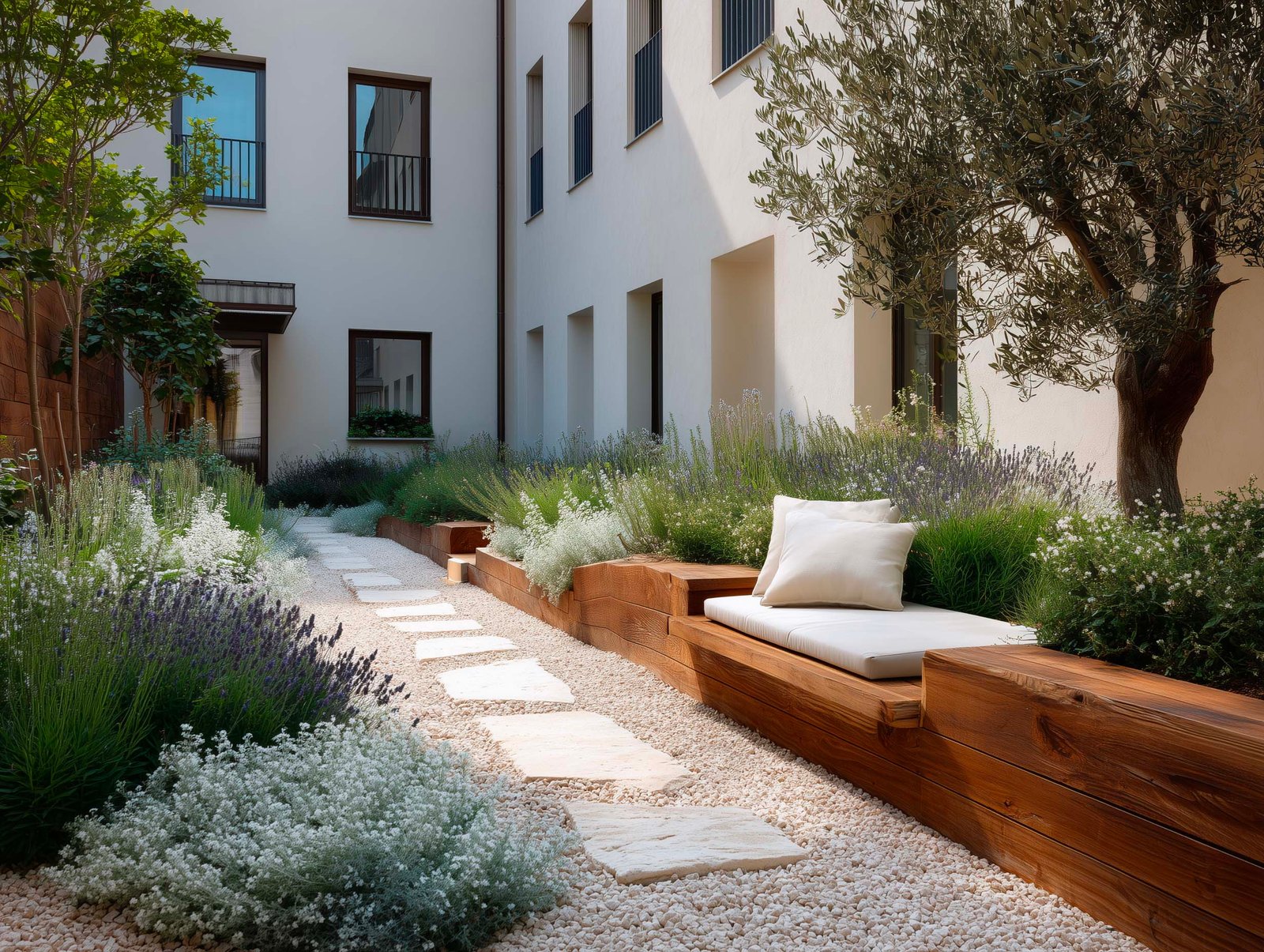 Giardino sensoriale terapeutico con fioriere in Pietra Serena e noyer — Lavandula, Rosmarinus, Salvia, percorso accessibile e olivier, Paracelsus Gardens™