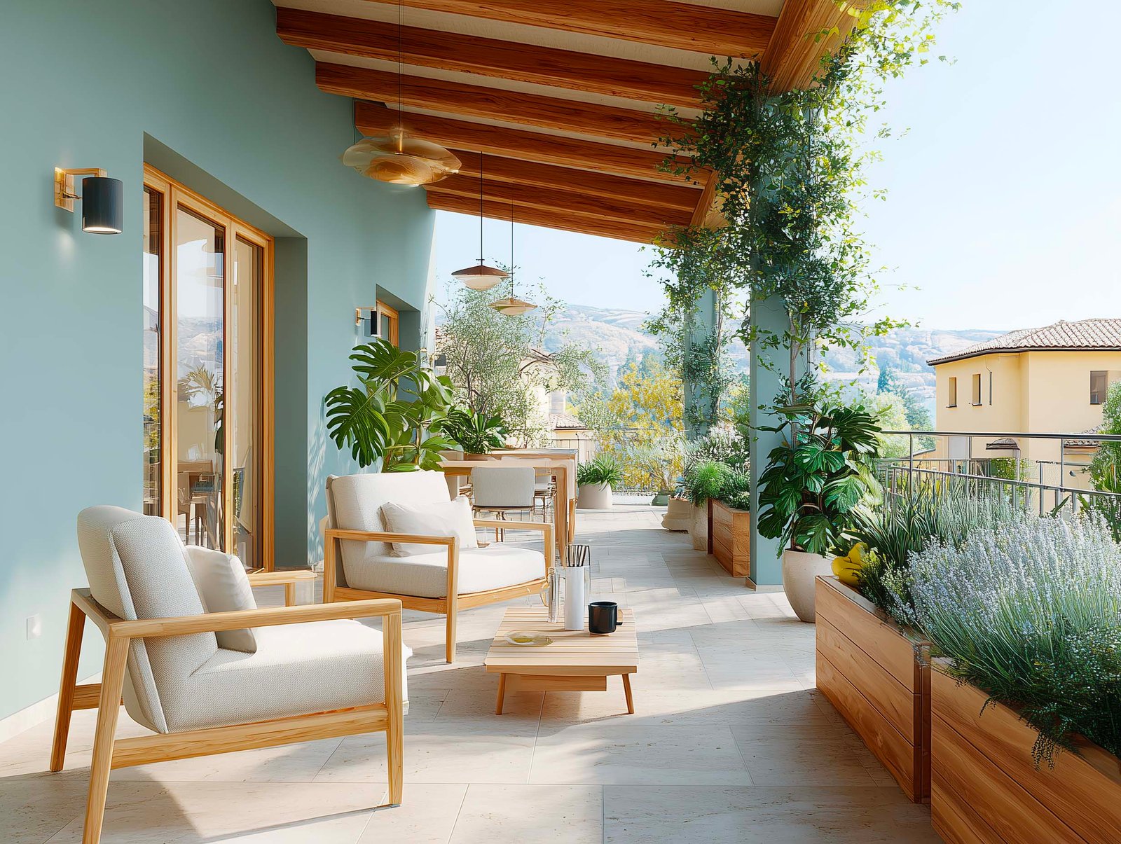 Terrazza terapeutica con pergola in noyer, Jasminum rampicante, fioriere Lignum con Lavandula — spazio di pausa e recupero in clinica italiana, Paracelsus Gardens™