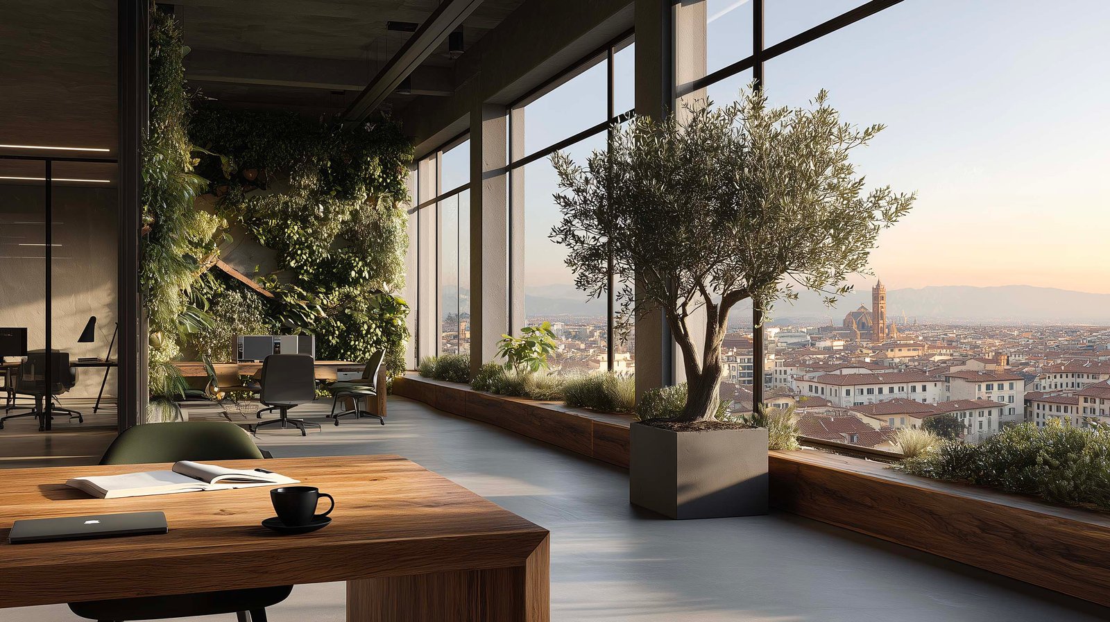 Ufficio vuoto al tramonto con partizione botanica in noyer fumé e fioriera Lignum con olivier — luce dorata, architettura botanica che sopravvive alla giornata lavorativa, Paracelsus Gardens™