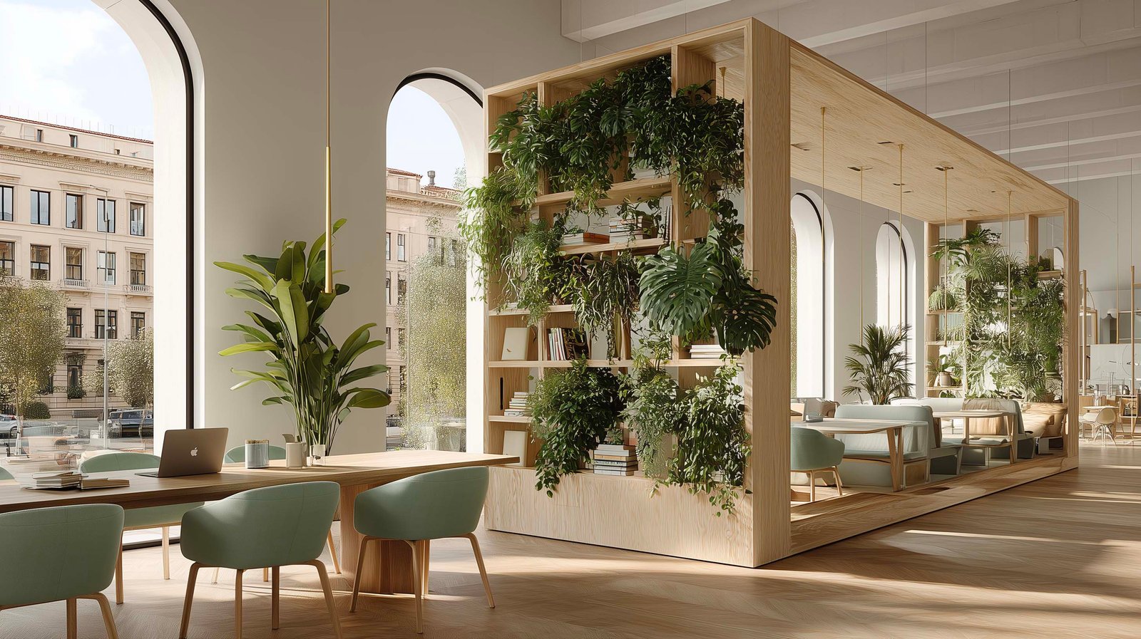 Spazio ufficio contemporaneo a Milano con partizione botanica modulare in noyer fumé e Acciaio Brunito, fioriera Lignum con olivier e luce naturale — architettura botanica per ambienti professionali, Paracelsus Gardens™