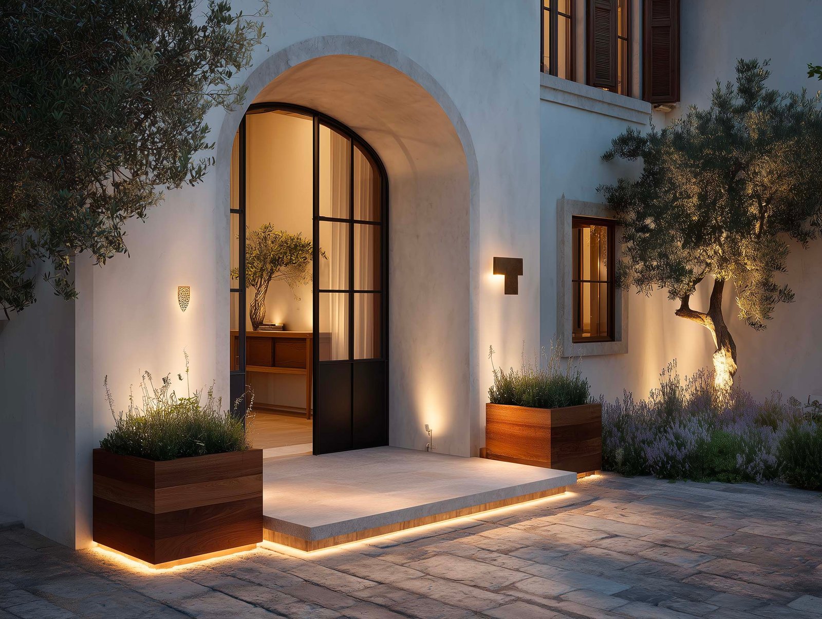 Soglia di porta d'ingresso di villa al crepuscolo — fioriere Lignum con Rosmarinus e Jasminum, LED integrata e luce calda interna visibile, Paracelsus Gardens™
