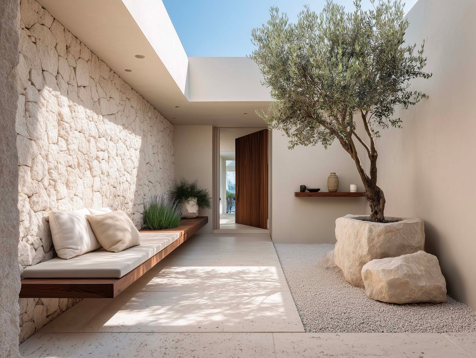 Patio d'ingresso di villa con olivier in fioriera Lignum, panchina in travertino, Lavandula e rituale di arrivo — Lago d'Iseo, Paracelsus Gardens™