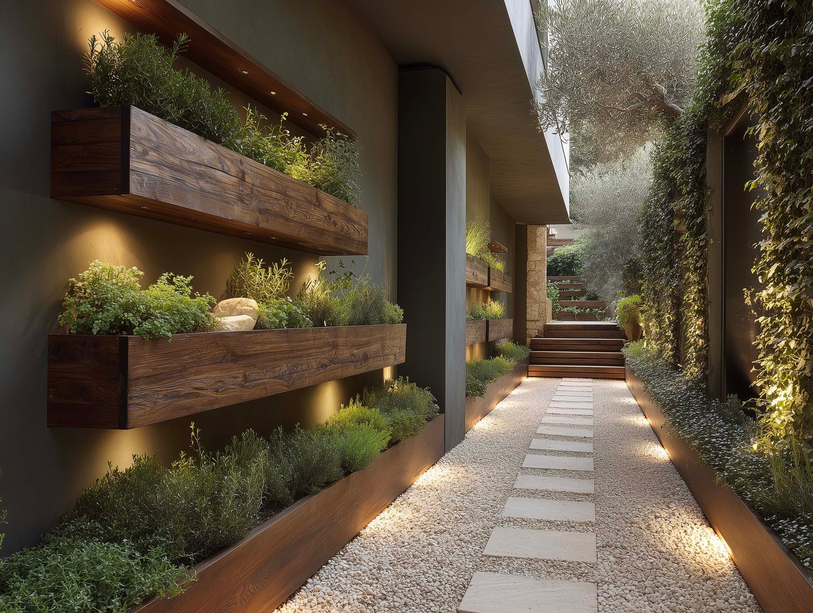 Corridoio-giardino lungo la villa con mensole in noyer e piante aromatiche — Rosmarinus, Thymus, Mentha — Jasminum rampicante e percorso sensoriale, Paracelsus Gardens™