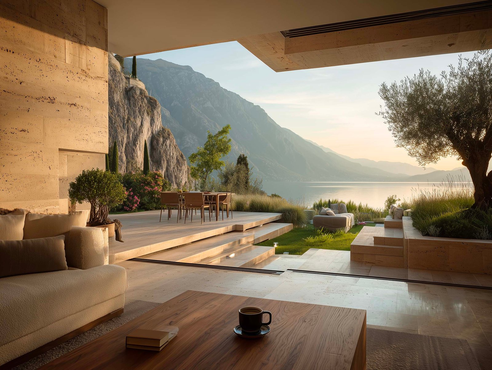 Primo sguardo sul giardino da interno villa — terrasse a livelli con fioriere Lignum, Lavandula, olivier e lago sullo sfondo, Lago di Como, Paracelsus Gardens™