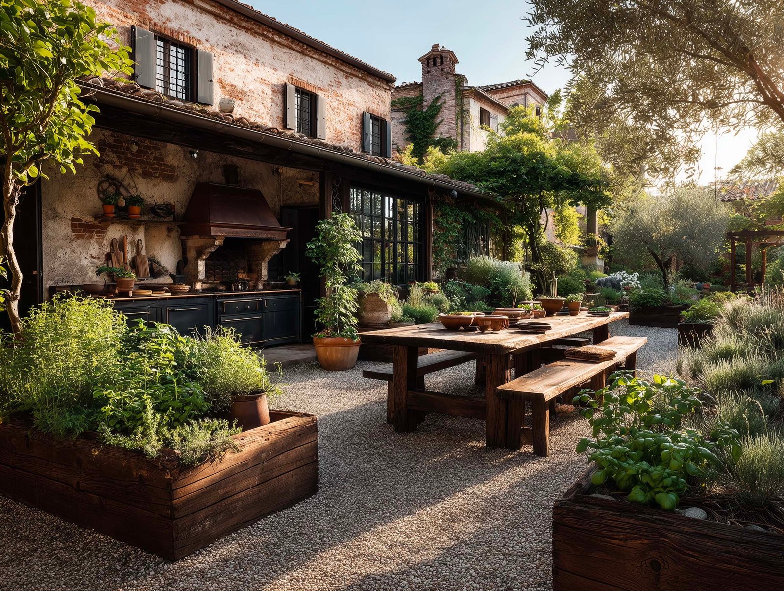 Orto aromatico privato con fioriere Lignum in noyer — basilico, Rosmarinus, Salvia, Citrus limon e tavolo di raccolta con forbici in ottone, Paracelsus Gardens™