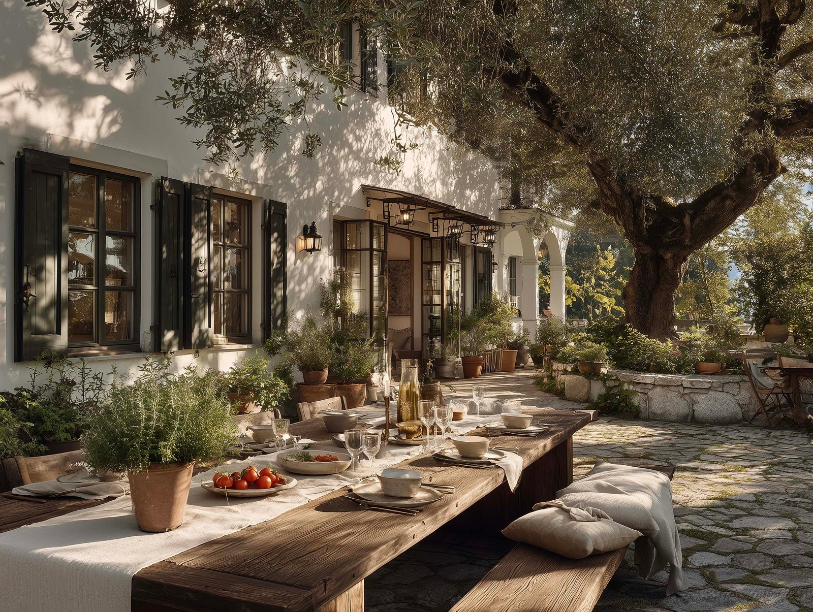 Pranzo in giardino sotto l'olivier — tavolo in noyer per dieci con lino bianco, erbe fresche, pomodori e fioriere Lignum con Rosmarinus, Paracelsus Gardens™