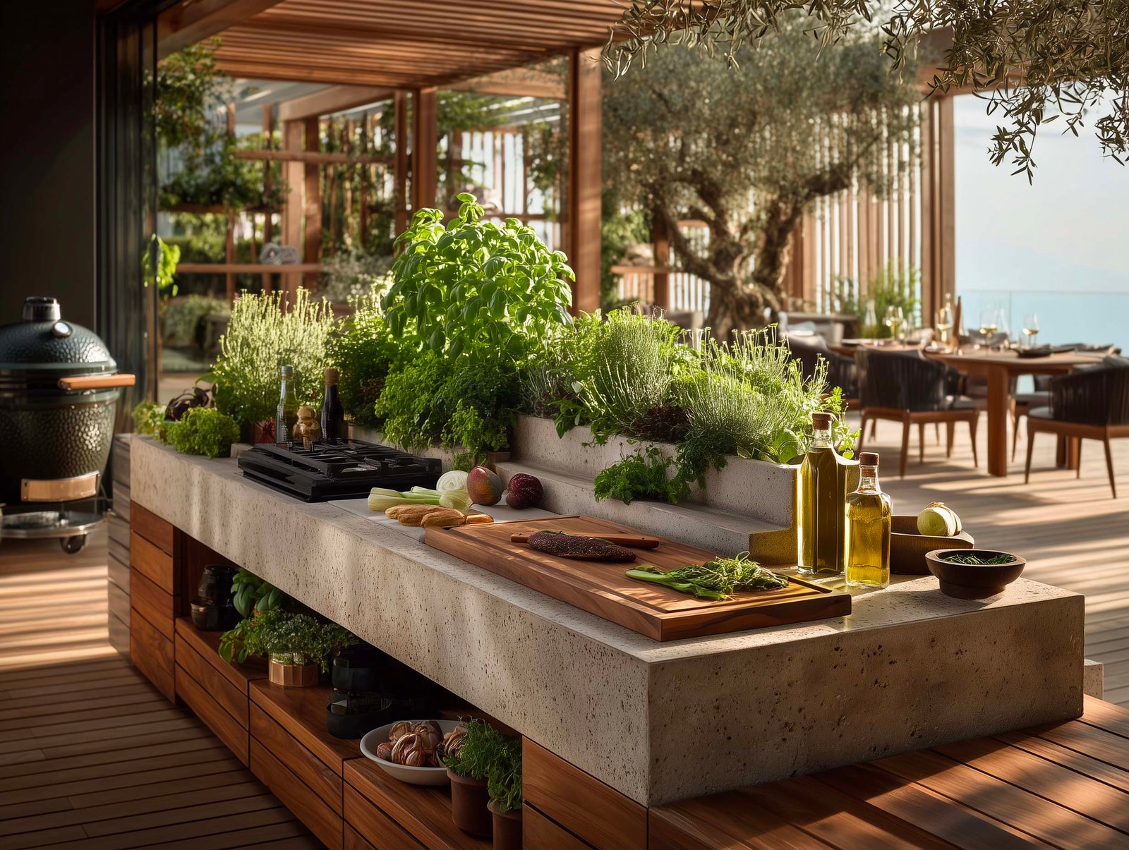 Cucina esterna di villa con modulo Apotheca integrato — erbe aromatiche viventi a portata di mano, griglia professionale e pergola con tavolo, Paracelsus Gardens™