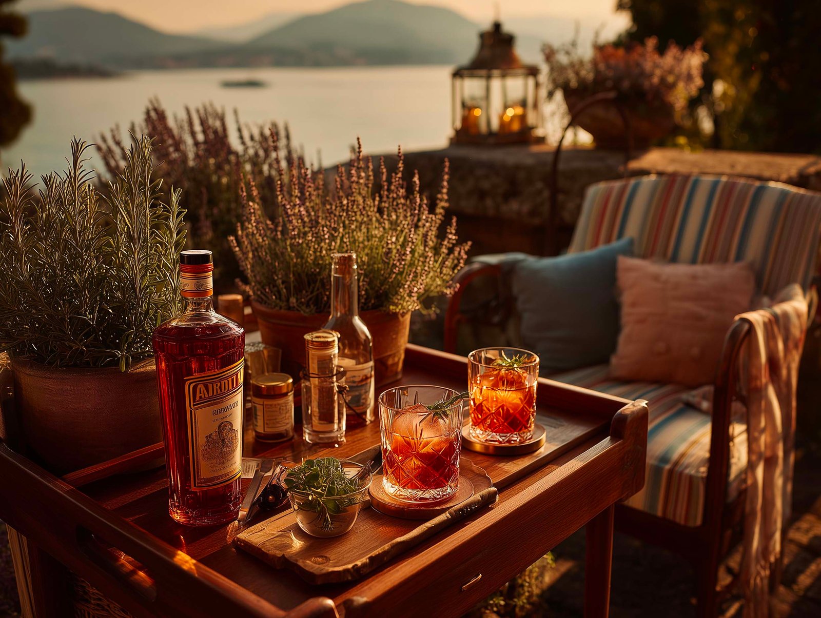 Aperitivo su terrazza di villa al tramonto — carrello bar in noyer con fioriera Lignum, Mentha e Rosmarinus per cocktail, vista lago dorato, Paracelsus Gardens™