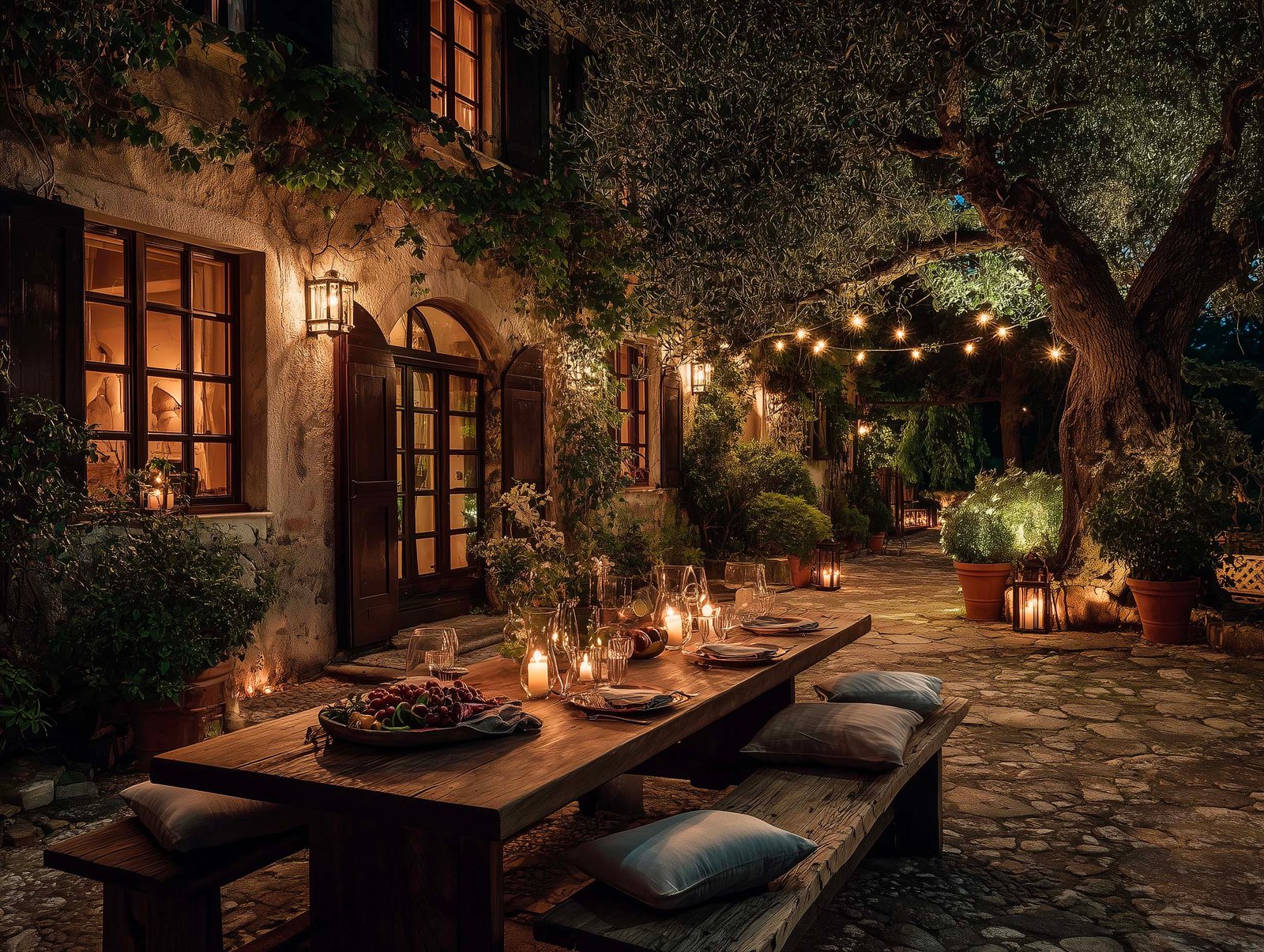 Cena a lume di candela nel giardino di villa — tavolo in noyer sotto olivier, fioriere Lignum con Jasminum in fiore, luci sospese e atmosfera notturna, Paracelsus Gardens™