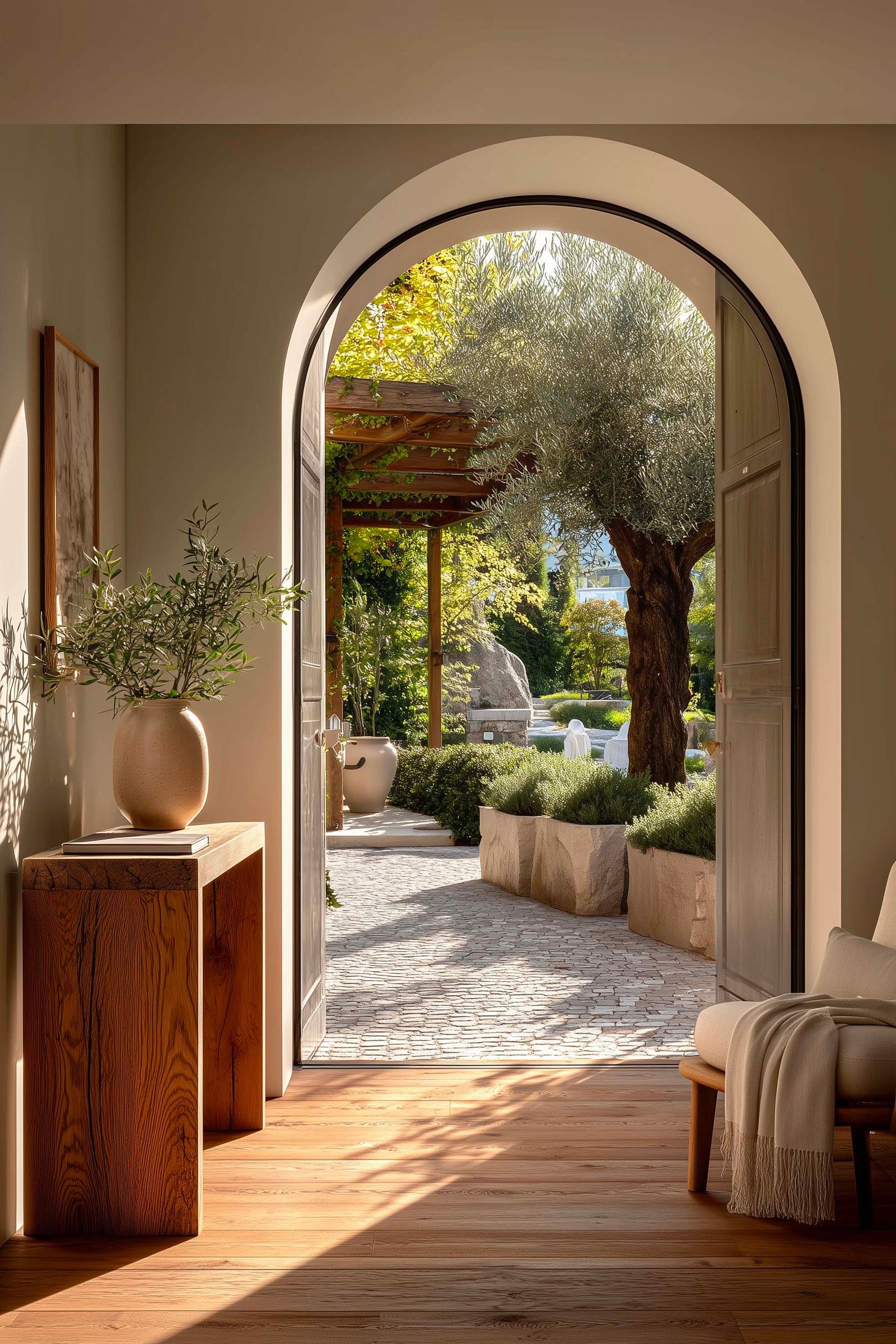Vista dal portone arcato di una villa italiana su giardino privato con pergola in noyer, Jasminum rampicante, fioriere Lignum con Lavandula e Rosmarinus — architettura botanica come quadro vivente, Paracelsus Gardens™