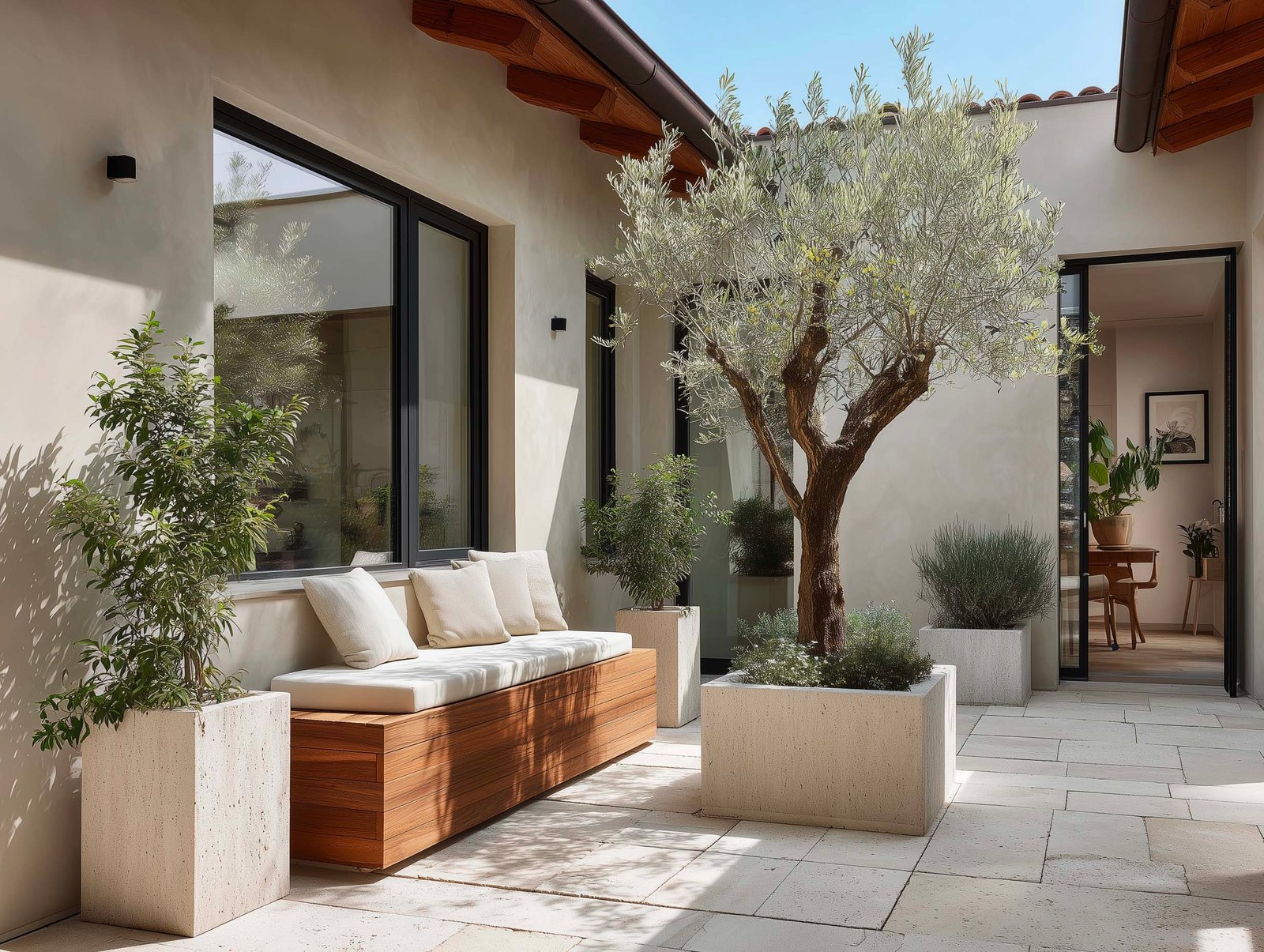 Cortile interno di villa con olivier in fioriera Lignum, pavimento in travertino, fioriere Pietra Serena con Lavandula e panchina in noyer — cuore della casa, Paracelsus Gardens™