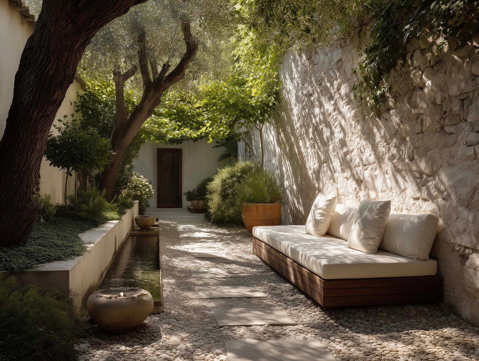 Giardino segreto dietro la villa con olivier, tappeto di Thymus, daybed in noyer, fioriera Lignum con Jasminum rampicante e fontana in pietra, Paracelsus Gardens™