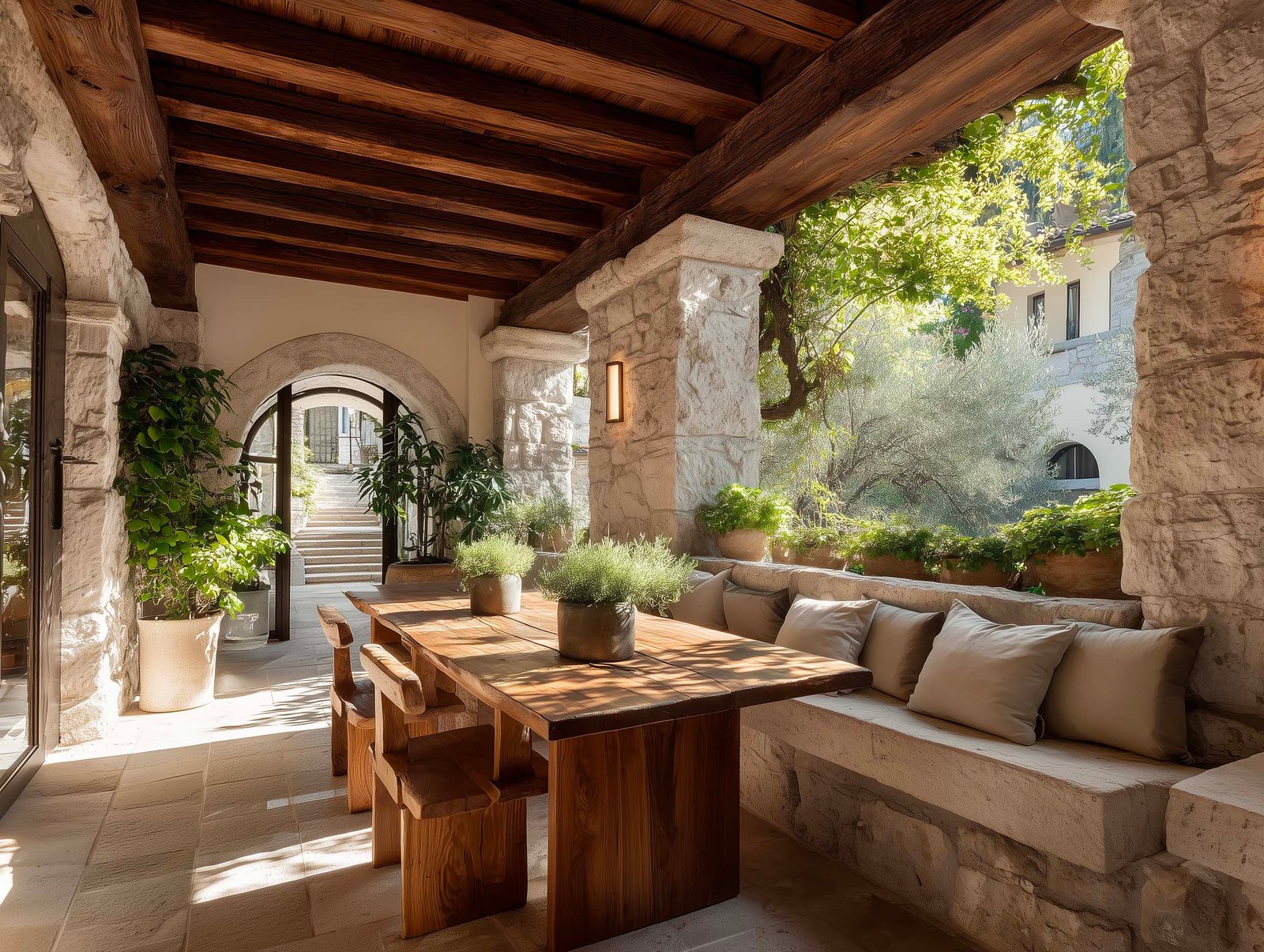 Loggia ombreggiata di villa con travi in noyer, colonne in pietra, panchina in travertino, fioriere Lignum con Rosmarinus e Hedera — Lago Maggiore, Paracelsus Gardens™