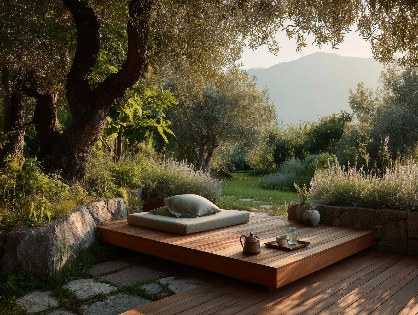 Spazio meditazione nel giardino di villa — piattaforma in teak tra olivier, fioriere Lignum con Lavandula e Salvia, nebbia mattutina, Paracelsus Gardens™