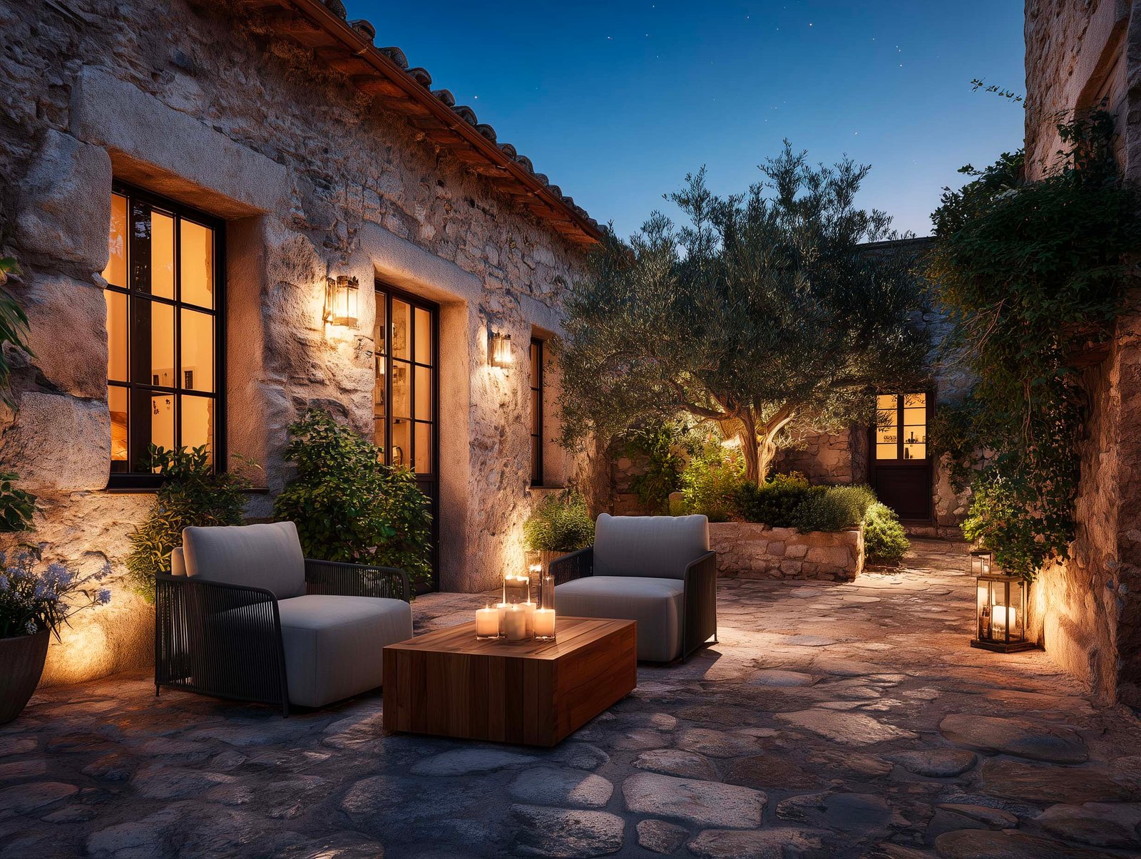 Patio di villa di notte sotto le stelle — LED lungo fioriere Lignum, Jasminum profumato alla luce delle candele, olivier in silhouette, Paracelsus Gardens™