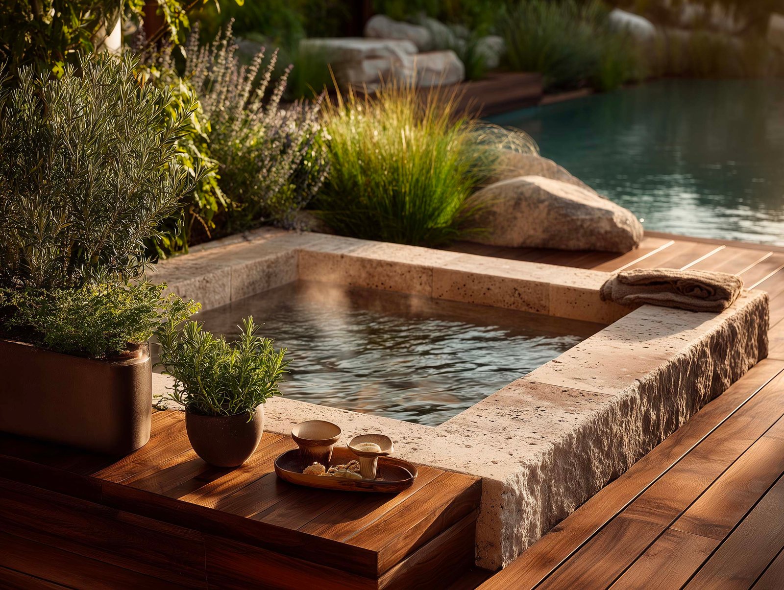 Vasca esterna nel giardino di villa — travertino e noyer, tisana al Rosmarinus, fioriera Lignum con Lavandula e Jasminum, vista lago, Paracelsus Gardens™