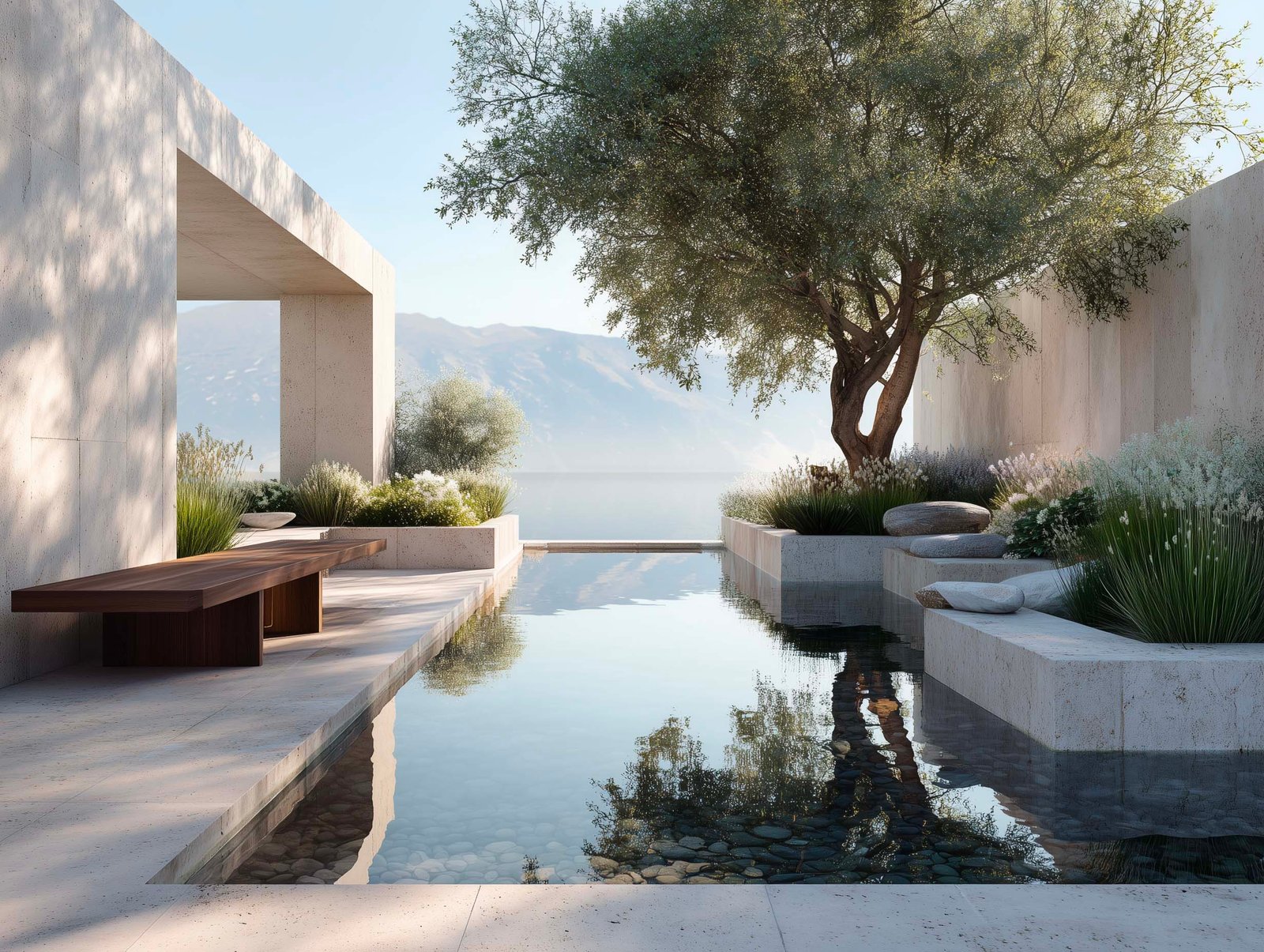 Giardino d'acqua meditativo con specchio d'acqua in travertino, fioriere Lignum con graminacee e Lavandula, olivier riflesso e nebbia mattutina, Paracelsus Gardens™