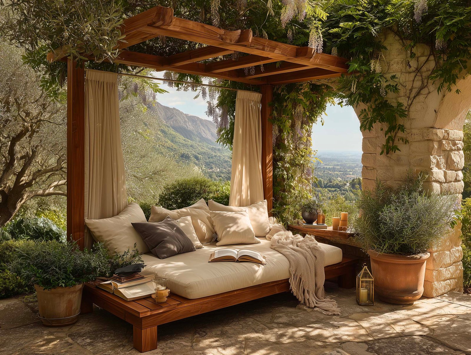 Pergola di lettura nel giardino con travi in noyer, Wisteria rampicante, daybed in lino crema e fioriera Lignum con Rosmarinus — ritiro contemplativo, Paracelsus Gardens™