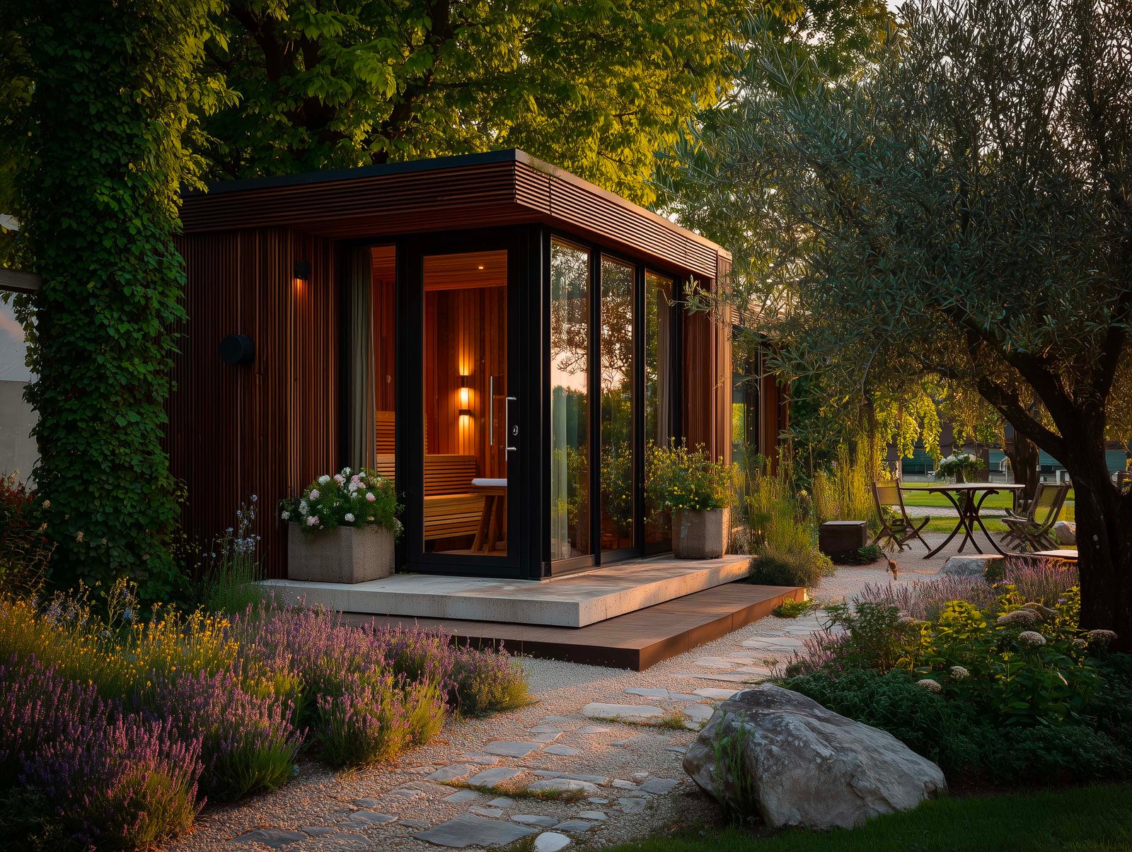 Padiglione sauna nel giardino di villa — cabina in noyer scuro, vasca fredda in travertino, fioriere Lignum con Rosmarinus, Lavandula e Mentha, Paracelsus Gardens™