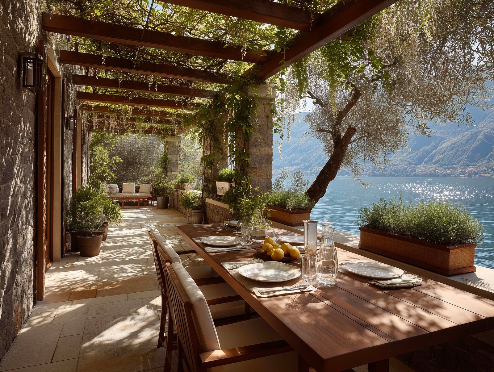 Terrazza pranzo di villa con pergola in noyer, Wisteria rampicante, fioriere Lignum con Rosmarinus e Salvia — vista lago, Paracelsus Gardens™