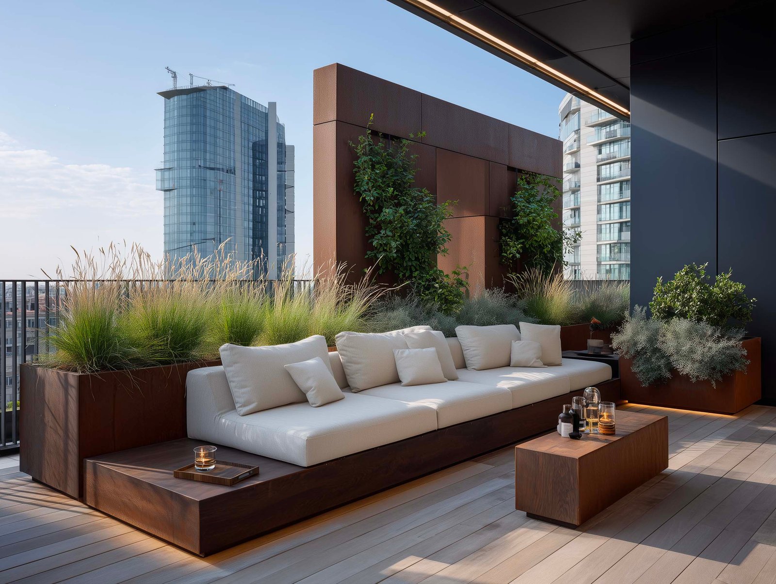 Terrazza attico a Milano con fioriere Lignum in noyer, graminacee strutturanti, partizione modulare con Hedera e vista skyline CityLife, Paracelsus Gardens™
