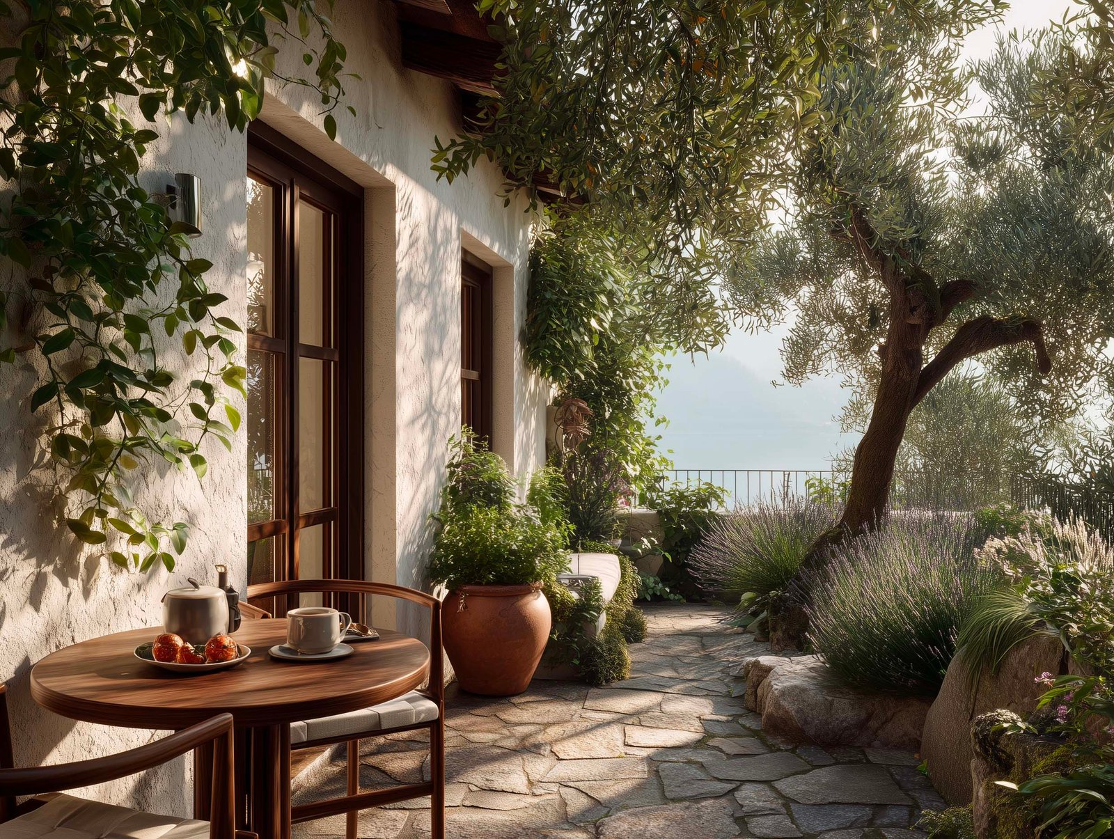 Terrazza colazione di villa con tavolo bistrot in noyer, espresso, fichi freschi, fioriera Lignum con Mentha e Rosmarinus — rituale mattutino, Paracelsus Gardens™