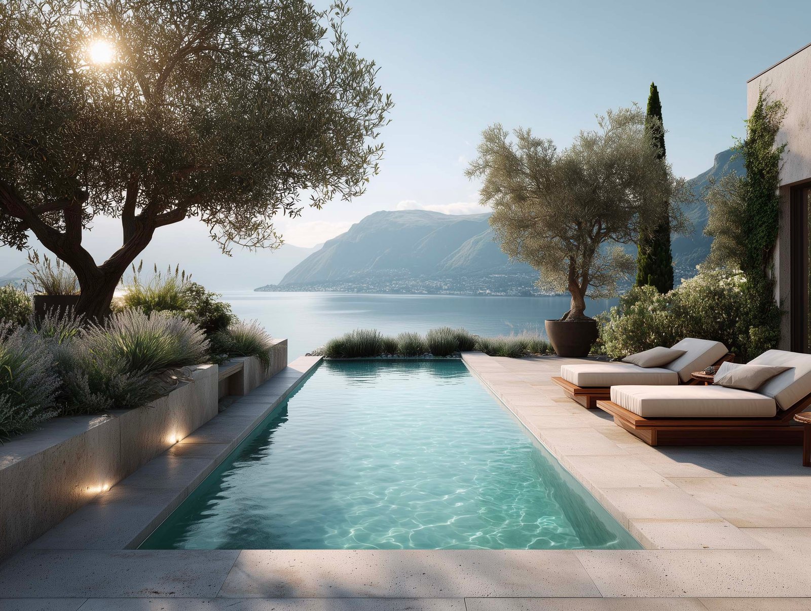 Terrazza piscina di villa con fioriere Lignum in noyer e Pietra Serena — Lavandula, Rosmarinus e graminacee come schermo botanico, vista lago, Paracelsus Gardens™