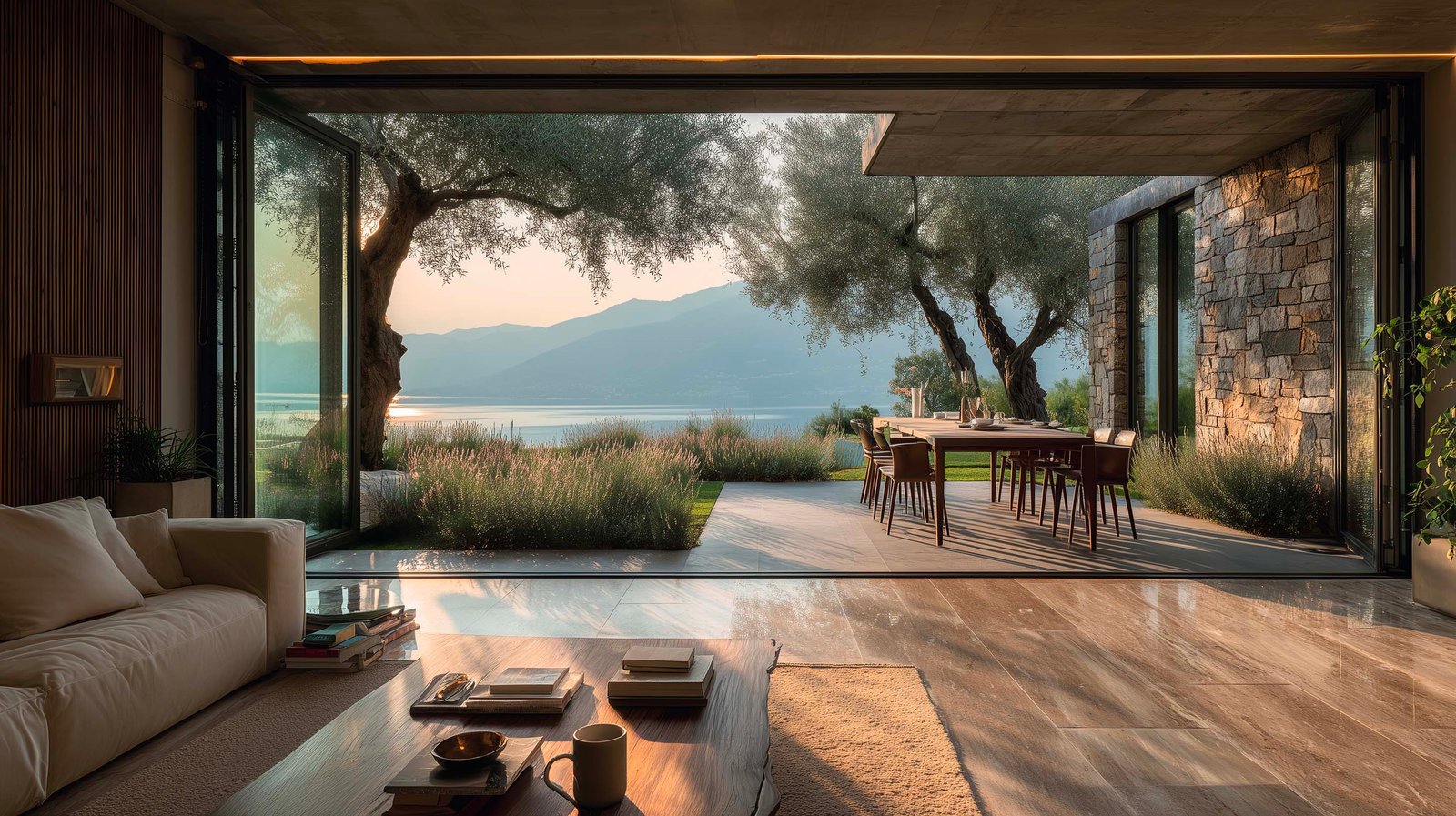 Villa contemporanea italiana con prospettiva intérieur-terrasse-giardino-lago — fioriere Lignum in noyer fumé, olivier, Lavandula e continuità spaziale attraverso quattro piani, Paracelsus Gardens™