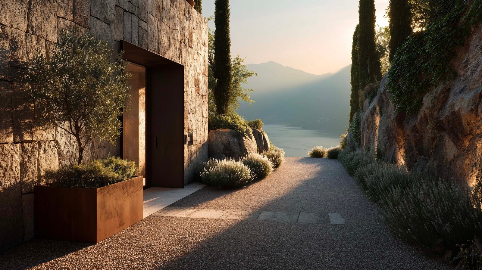 Giardino architettonico che rivela un'intuizione del luogo, luce e direzione spaziale