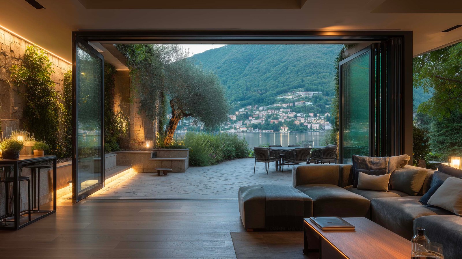 Sequenza spaziale con partizione botanica in noce affumicato e Acciaio Brunito, Rosmarinus officinalis e continuità indoor-outdoor, temporalità e calma, Paracelsus Gardens™