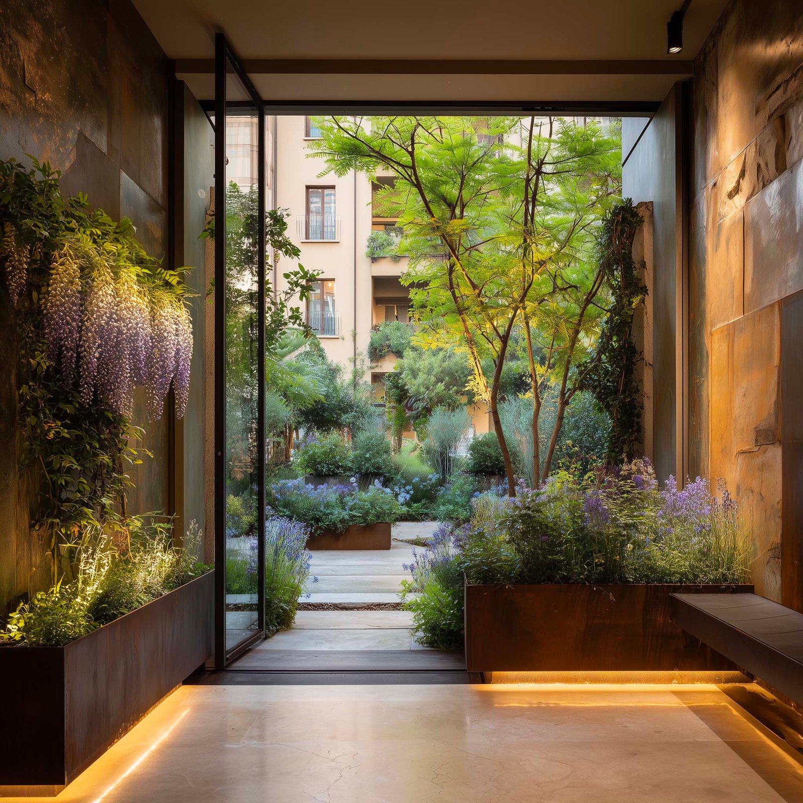 L'arte della continuità: relazione fluida interno-esterno dove architettura e vegetale dialogano, per usi continui e un comfort durevole.