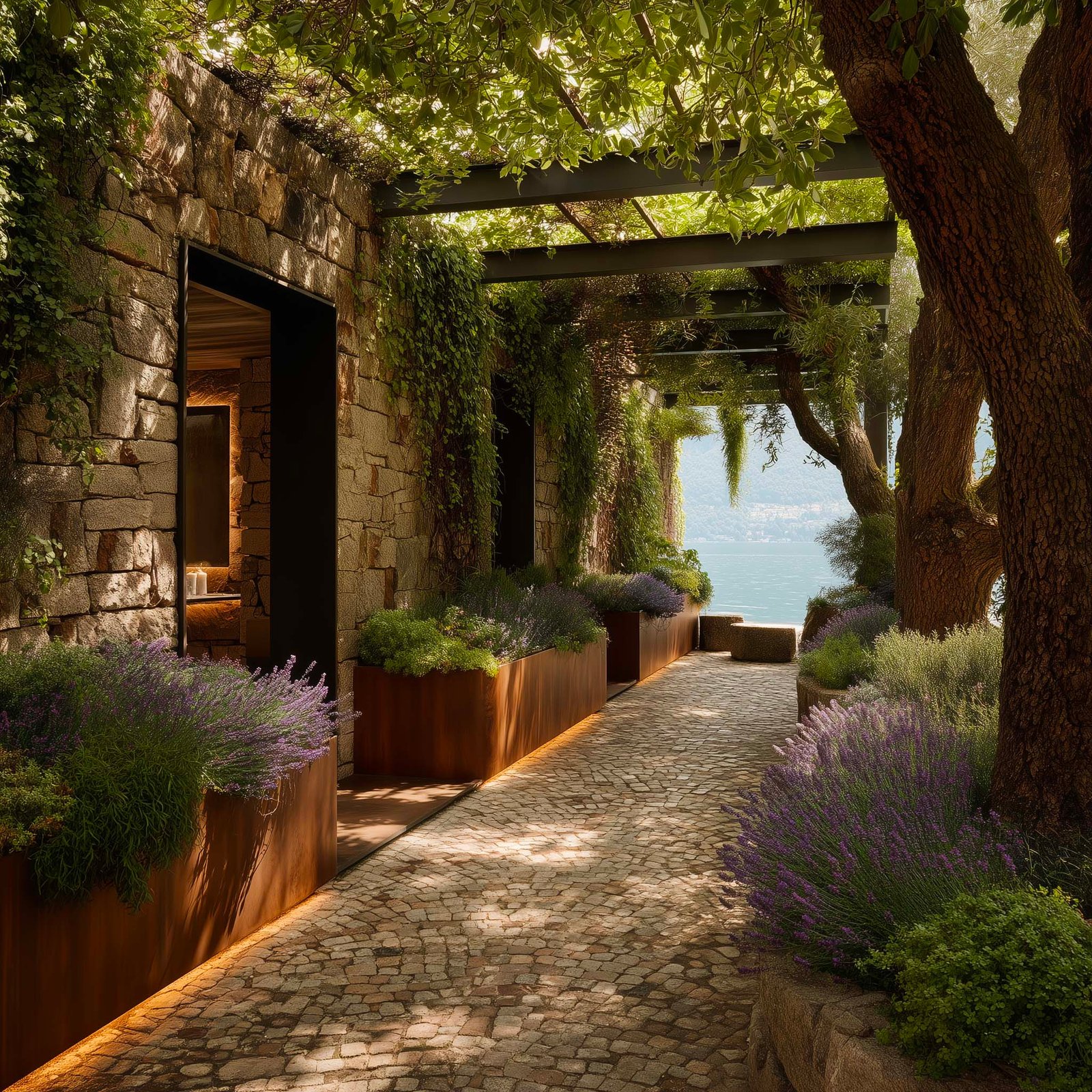 Immersione sensoriale — percorso con Lavandula angustifolia, Pietra Serena e luce filtrata, texture minerali e aromatiche per un’esperienza sensibile, Paracelsus Gardens™