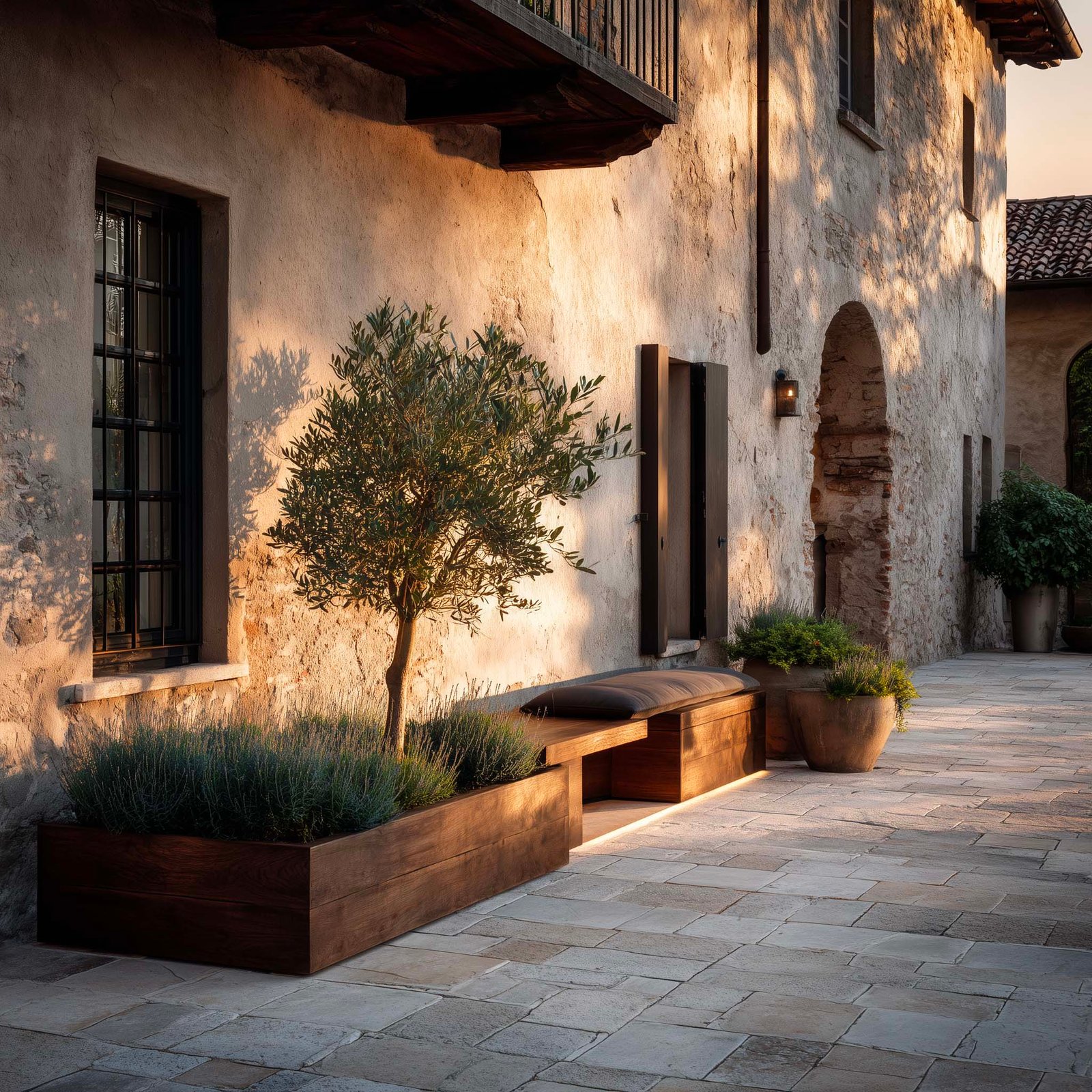 Giustezza delle proporzioni: terrazza architettonica dove pietra, vegetale e scala compongono un'armonia calma e duratura.